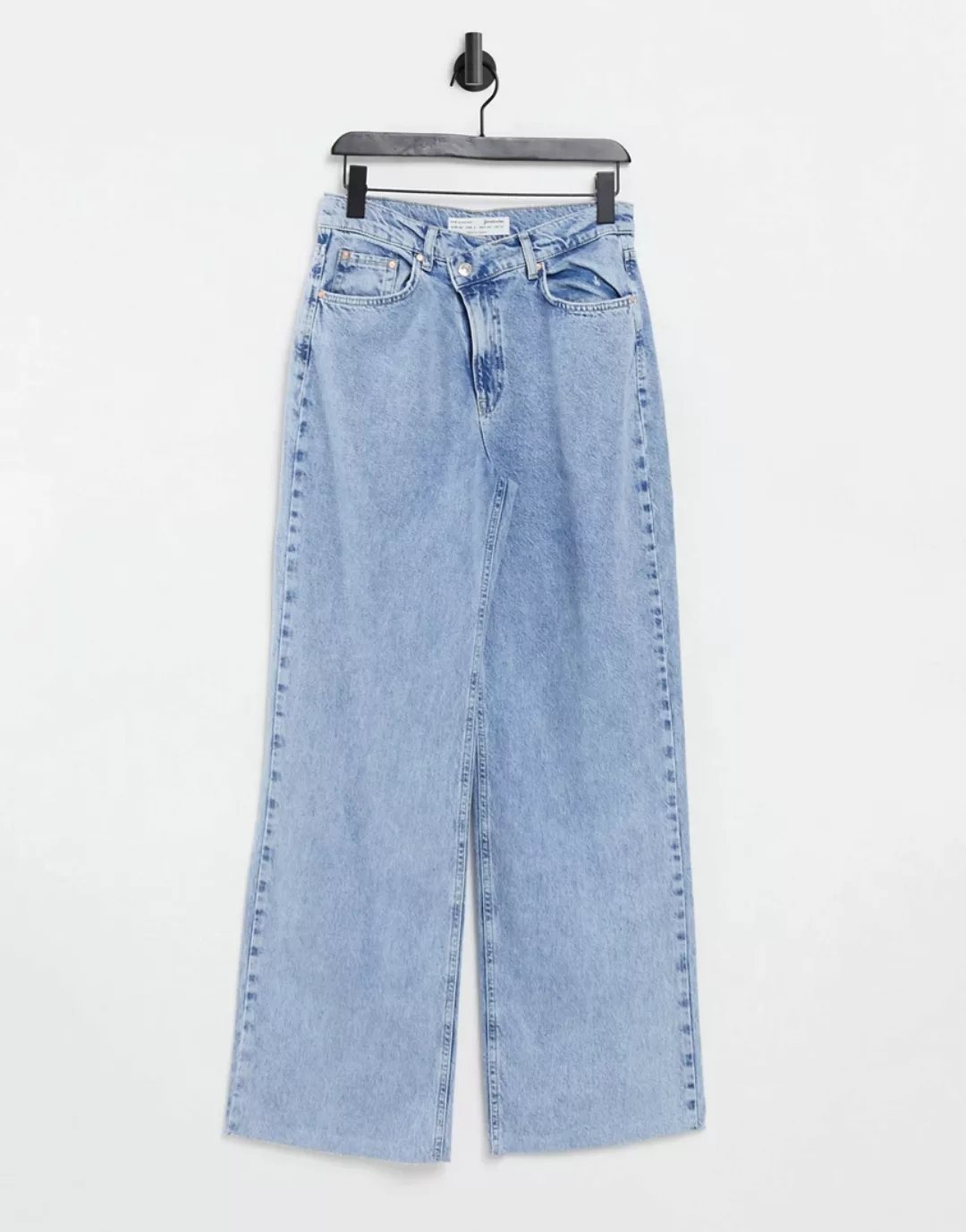 Stradivarius – Dad-Jeans mit gestufter Taille in verwaschenem Blau günstig online kaufen