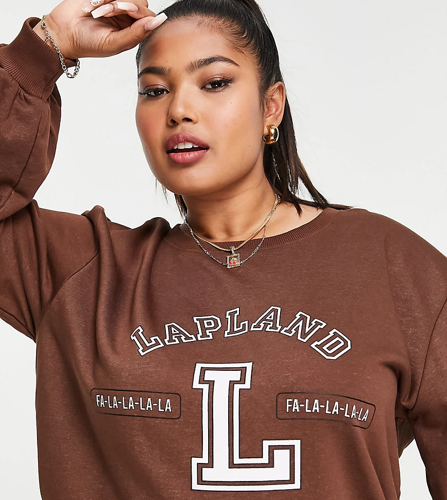 Threadbare Plus – Bedrucktes Weihnachts-Sweatshirt in Schokoladenbraun günstig online kaufen
