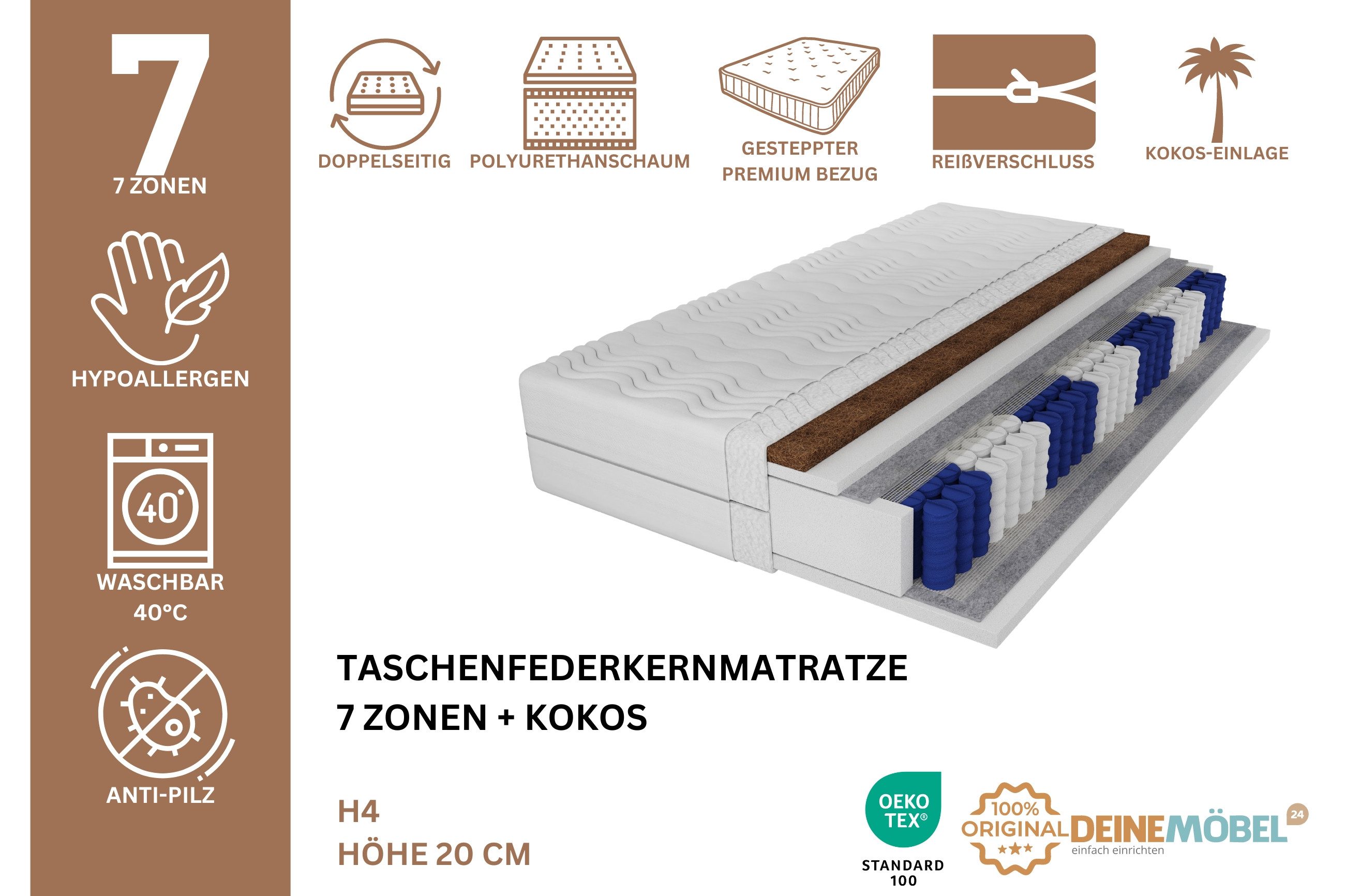 Taschenfederkernmatratze Taschenfederkern-Matratze + Kokos 7 Zonen günstig online kaufen
