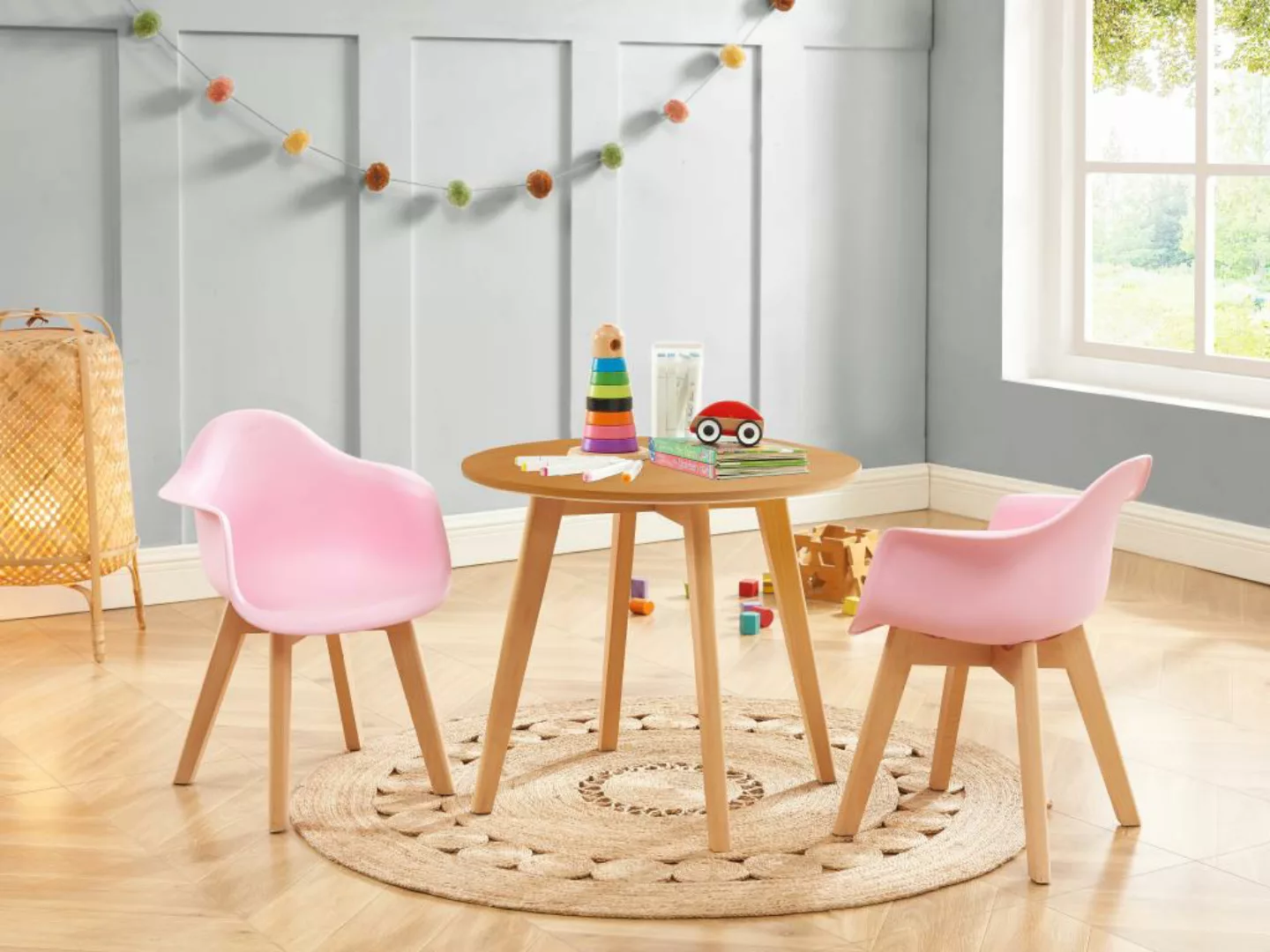 Set aus Kindertisch LOULOUNE + 2 Stühlen POUPINETTE - Holzfarben und Rosa günstig online kaufen