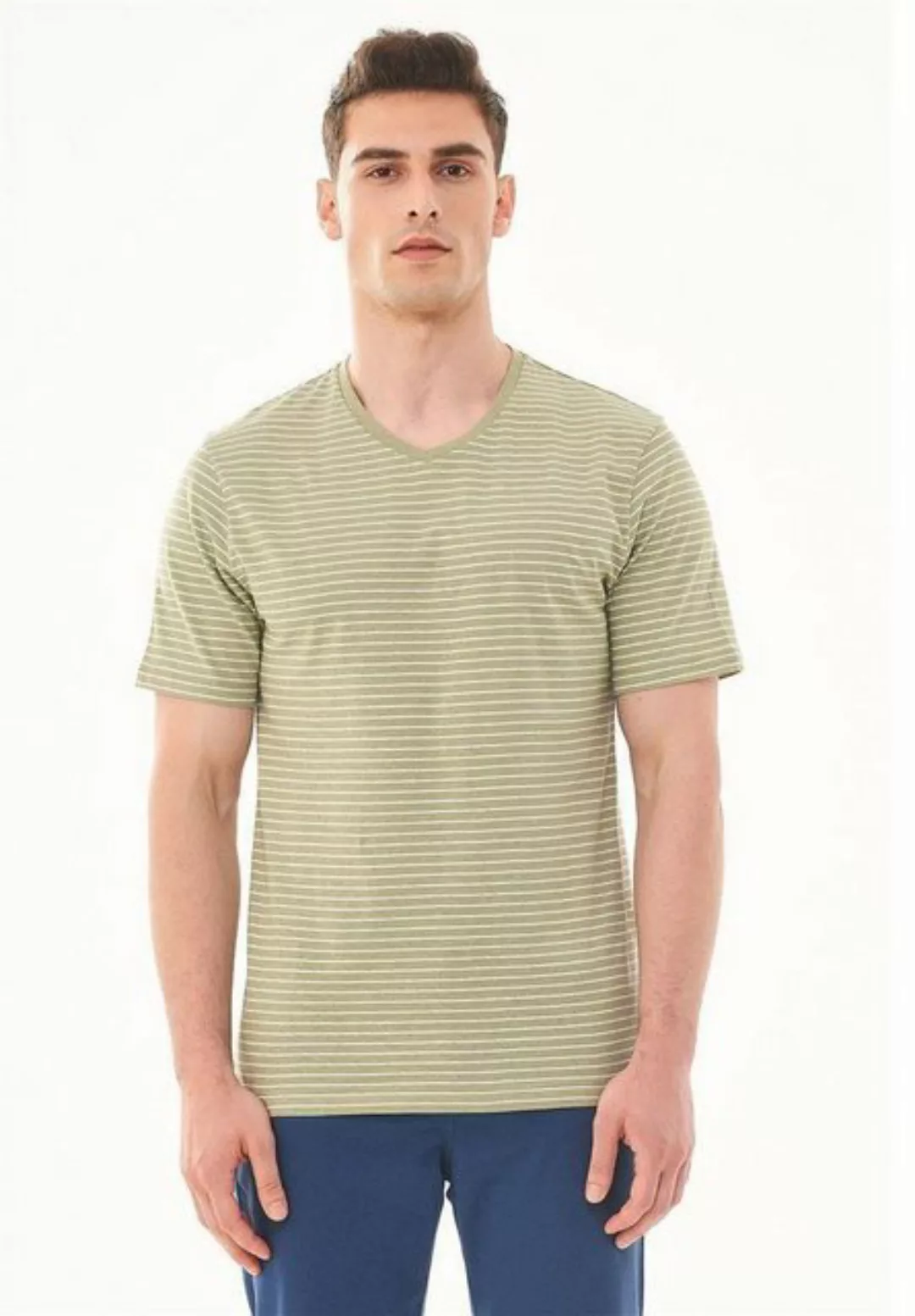 ORGANICATION T-Shirt Men's Striped V-neck T-shirt in Olive/Off White günstig online kaufen