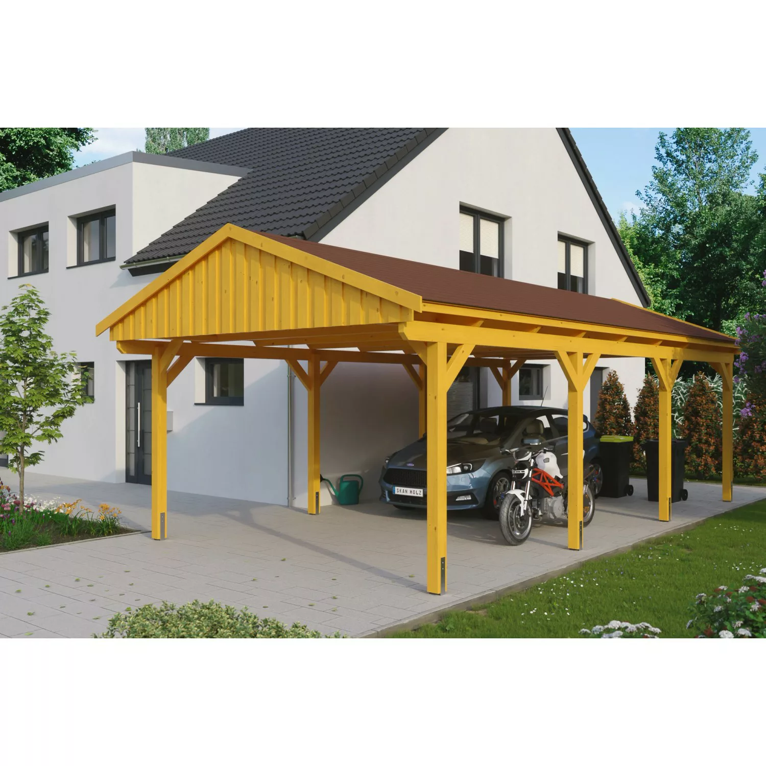 Skan Holz Carport Fichtelberg 423 cm x 808 cm Rote Schindeln Eiche Hell günstig online kaufen