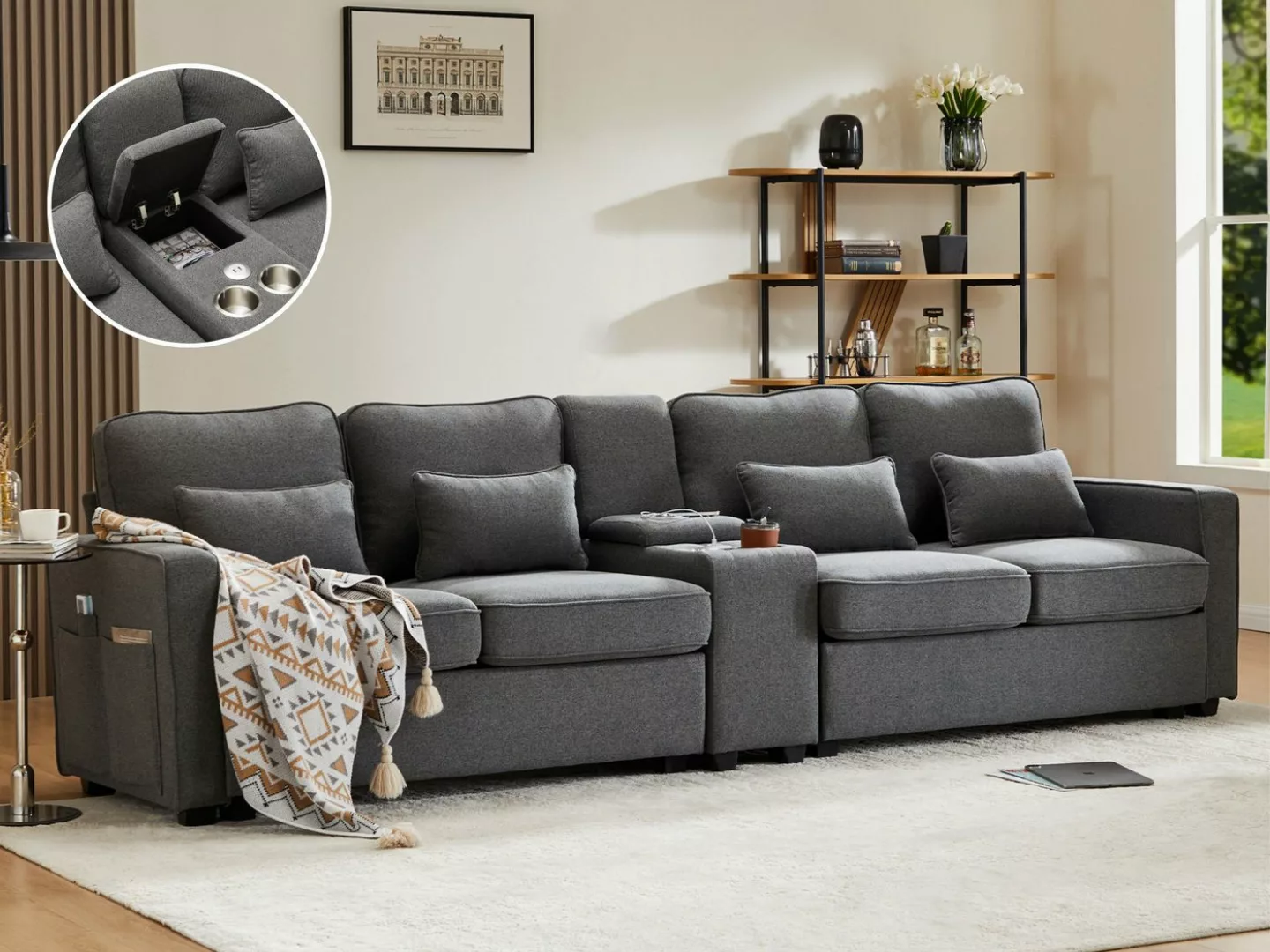 SeedWave Big-Sofa 4-Sitzer Sofa mit Konsole, Big Sofa breite 260 cm, Leinen günstig online kaufen