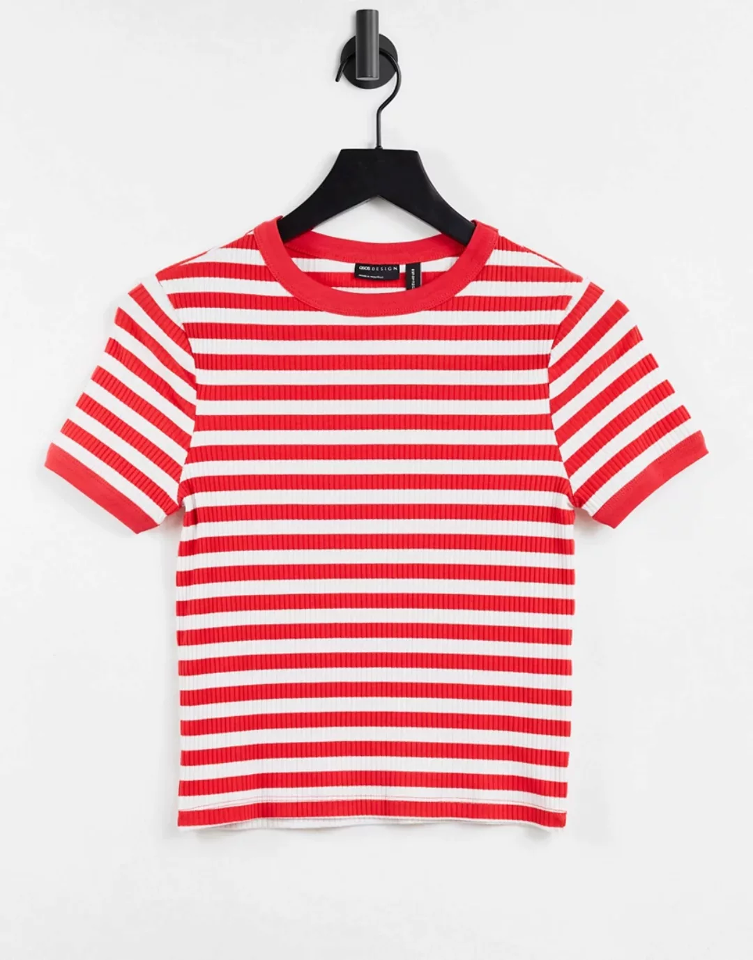 ASOS DESIGN – Schmal geschnittenes, geripptes T-Shirt in Rot und Weiß gestr günstig online kaufen