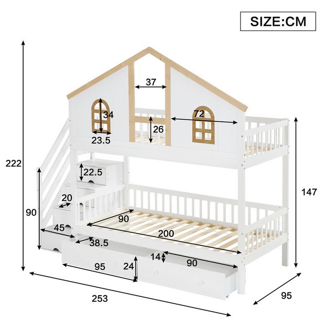 Flieks Etagenbett, Kinderbett Hausdesign 90x200cm mit Stauraumtreppe und 2 günstig online kaufen