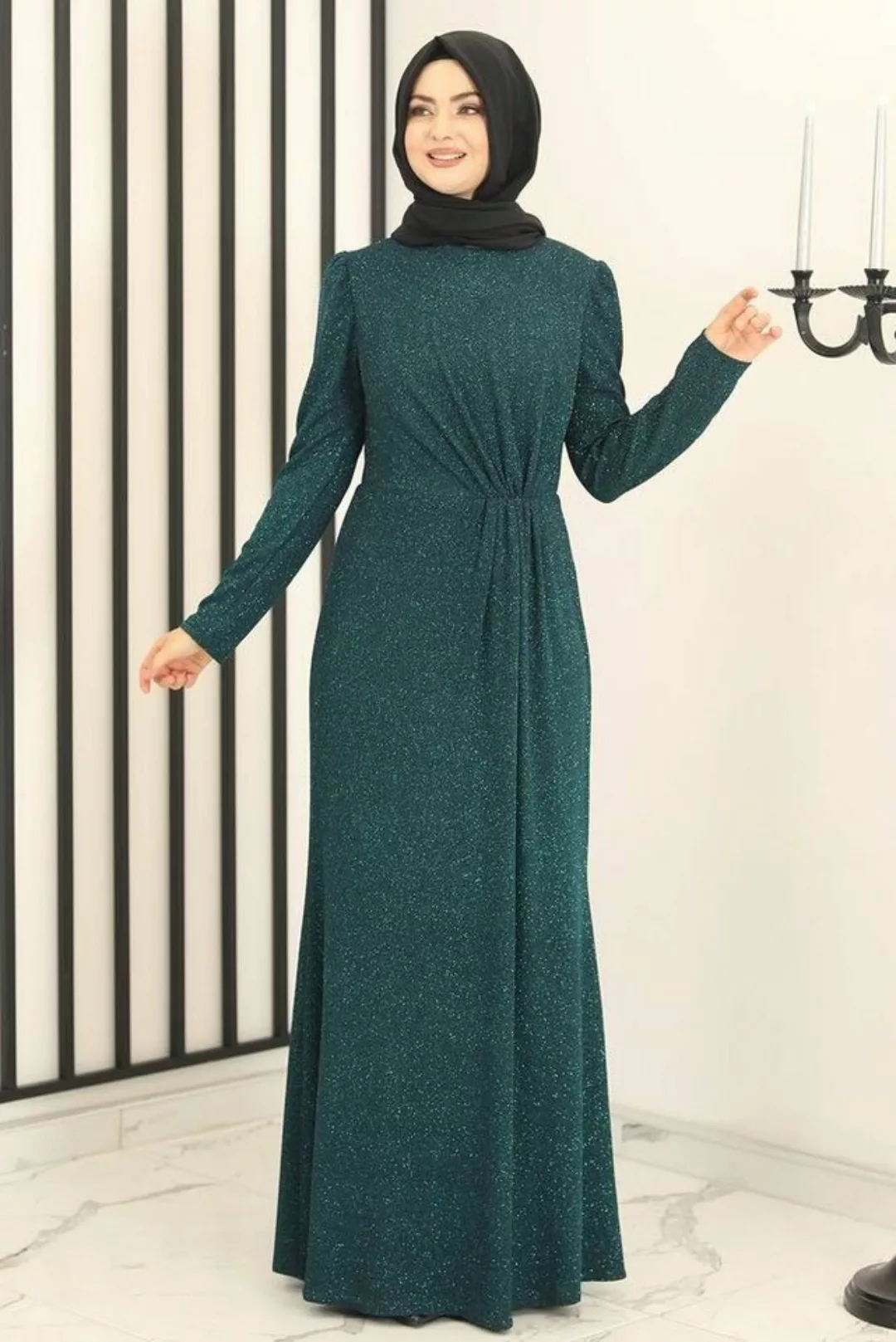 Modavitrini Abendkleid schimmerndes Kleid mit gesmokter Taille Abiye Abaya günstig online kaufen