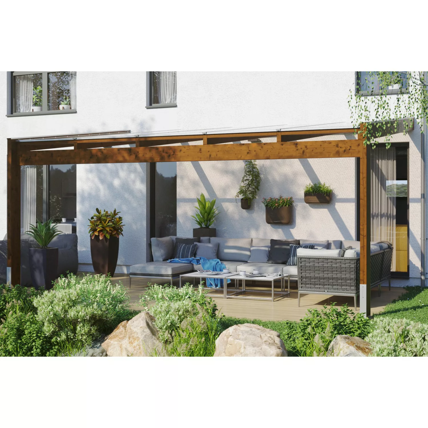 Skan Holz Terrassenüberdachung Novara 557 cm x 359 cm Nussbaum günstig online kaufen