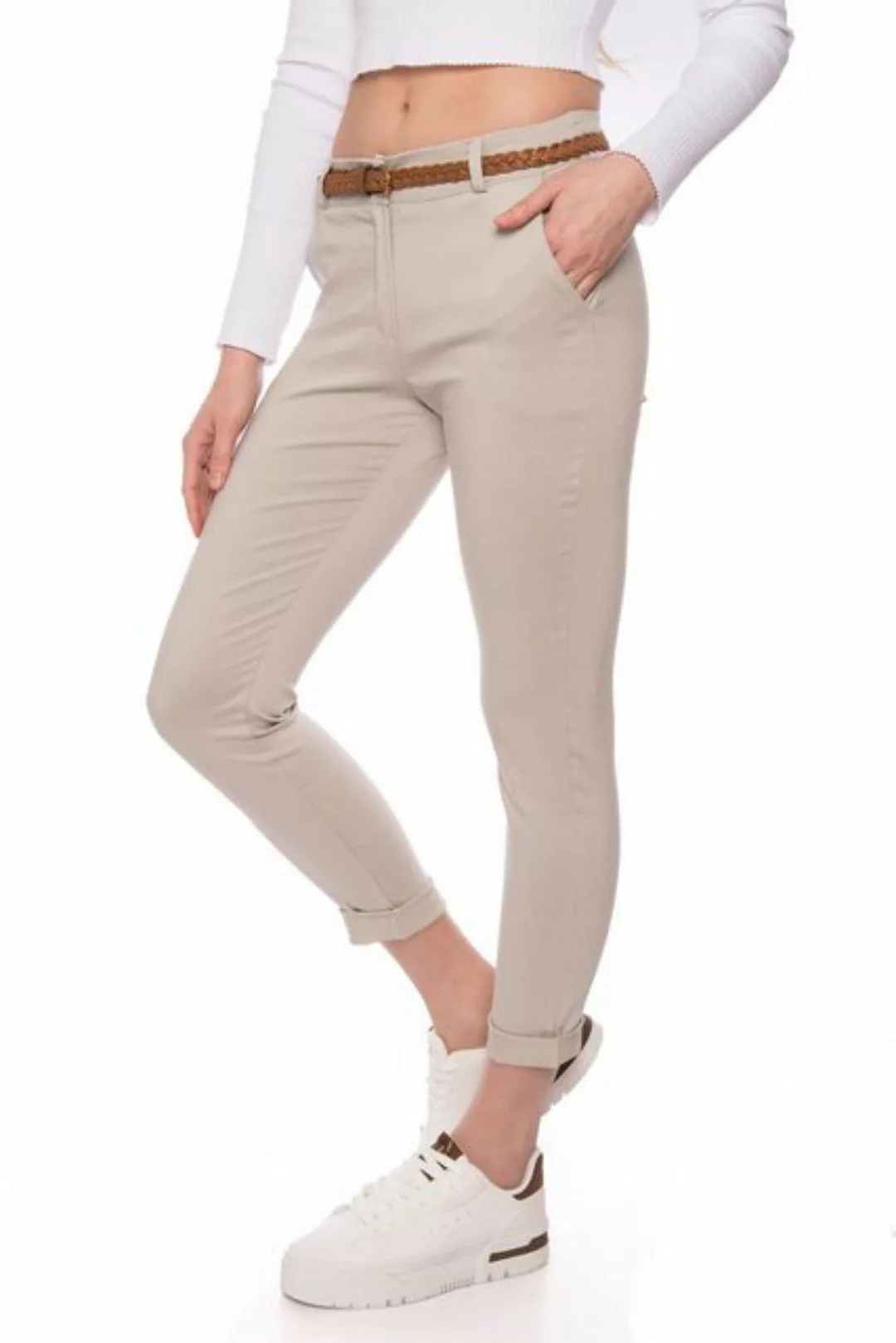 Kendindza Chinohose Chino Damen Hose Stretch mit Gürtel Stoffhose Damen ele günstig online kaufen