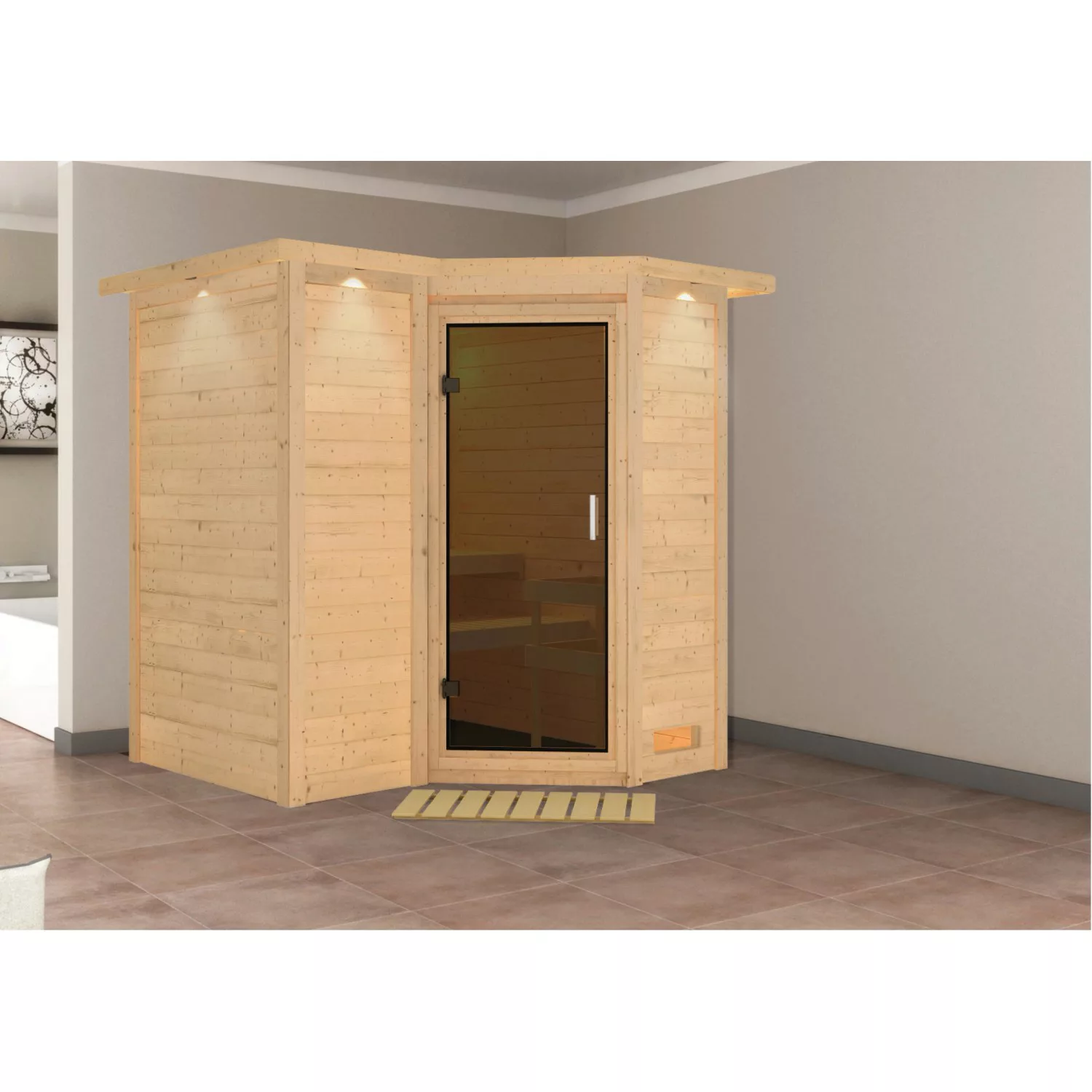 Woodfeeling Sauna Steena 1 naturbelassen mit Dachkranz, Tür Graphit günstig online kaufen