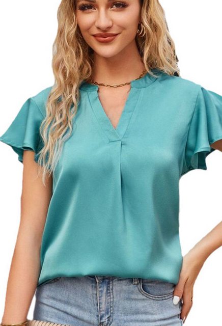 CHENIN T-Shirt Damen Satin V-Ausschnitt Ruffle Sleeve Business-Seiden-Top, günstig online kaufen
