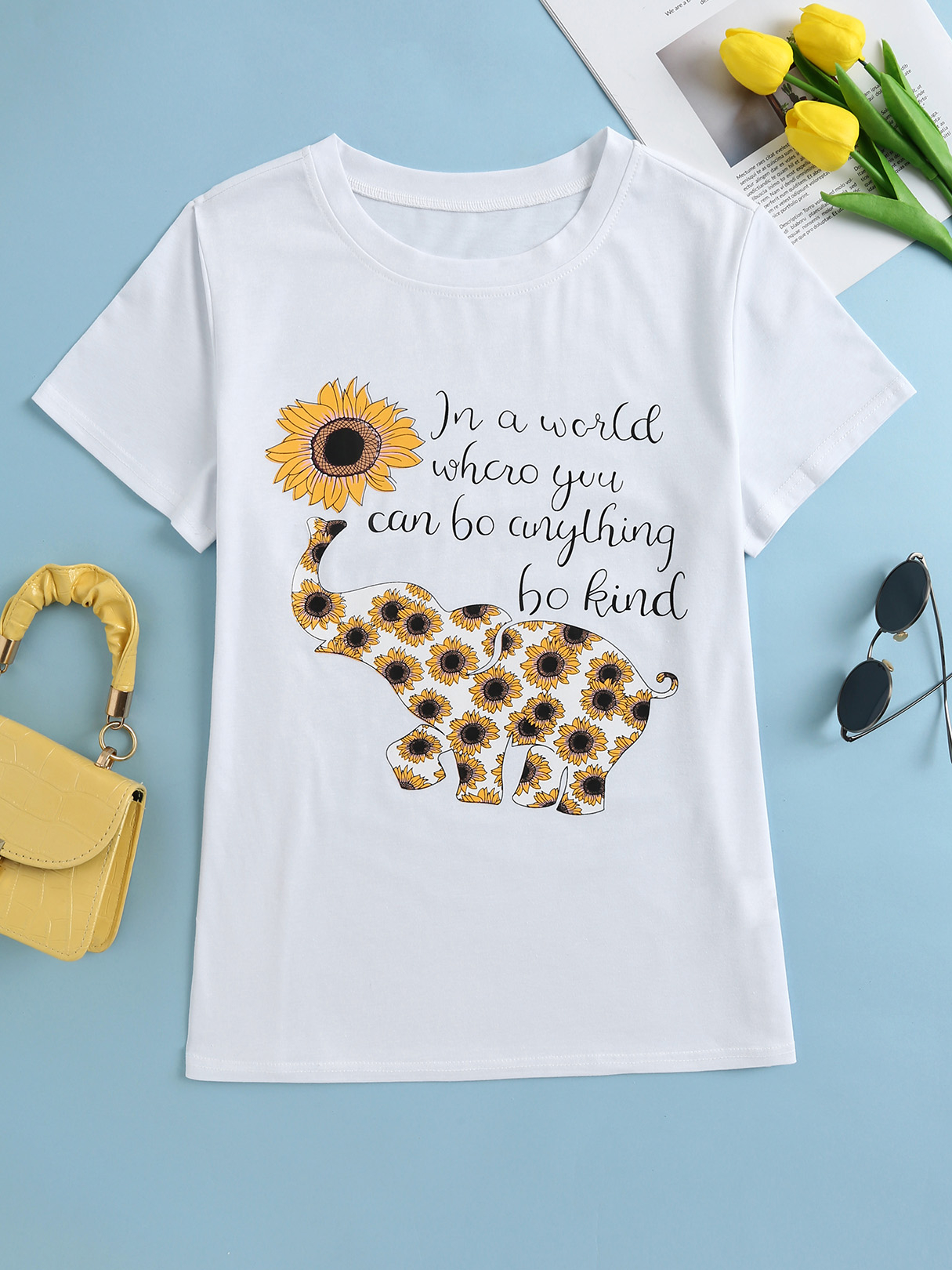 YOINS Sunflower & Letter Kurzarm-T-Shirt mit Rundhalsausschnitt günstig online kaufen