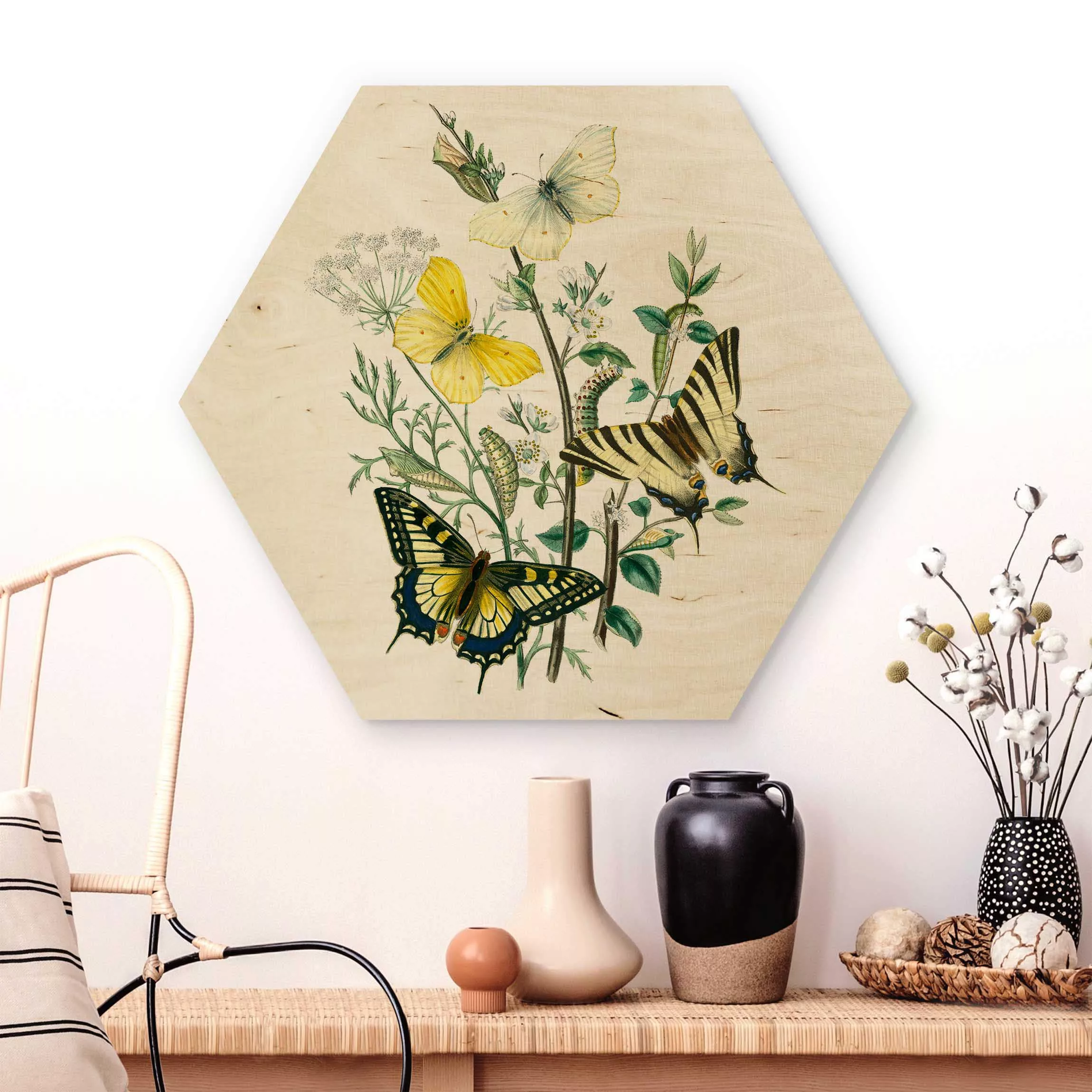 Hexagon-Holzbild Blumen Britische Schmetterlinge III günstig online kaufen