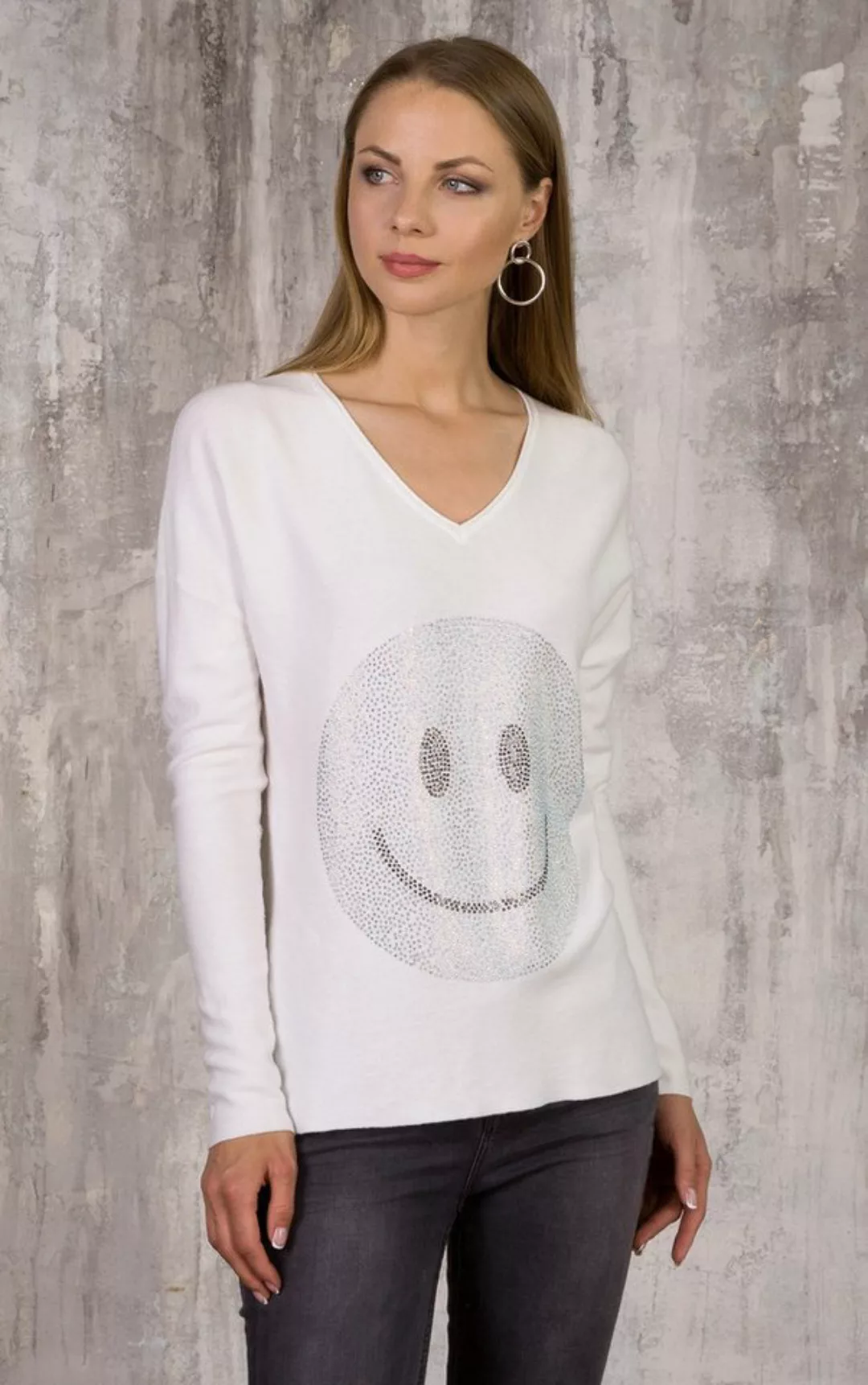 Passioni Strickpullover mit einem großen Strass-Smiley auf der Vorderseite günstig online kaufen