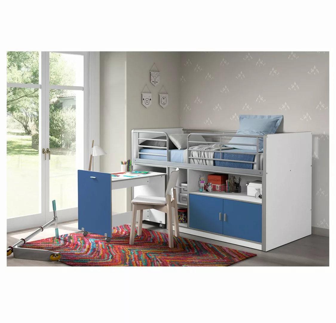 Lomadox Hochbett 90x200cm, mit rollbarem Schreibtisch und Stauraum, weiß/bl günstig online kaufen