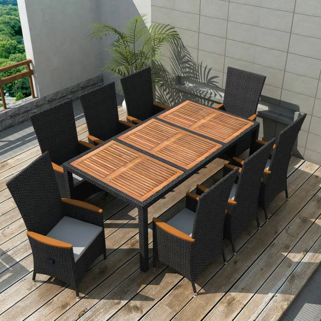 9-tlg. Garten-essgruppe Poly Rattan Akazienholz Schwarz günstig online kaufen