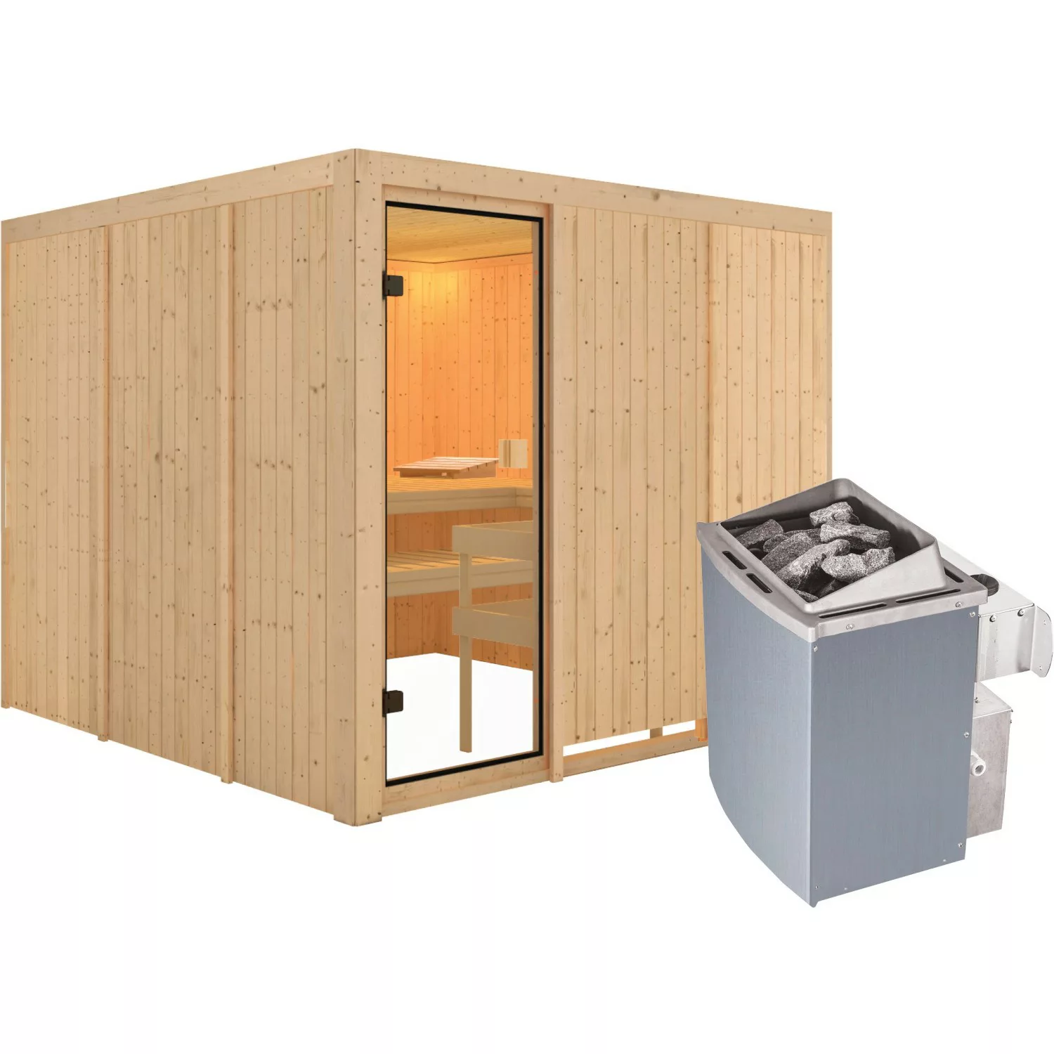 Karibu Sauna Arvika inkl. 9 kW Ofen mit integr. Strg., Glastür Bronziert günstig online kaufen