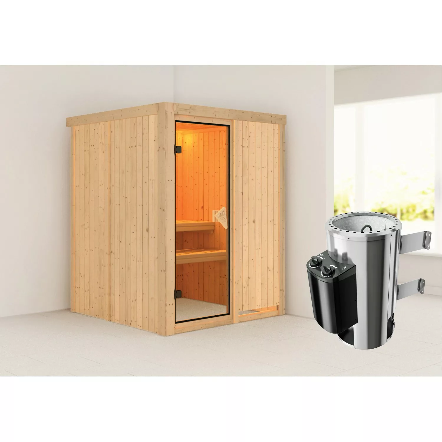 Karibu Sauna mit Ofen intergrierte Stg.Natur günstig online kaufen