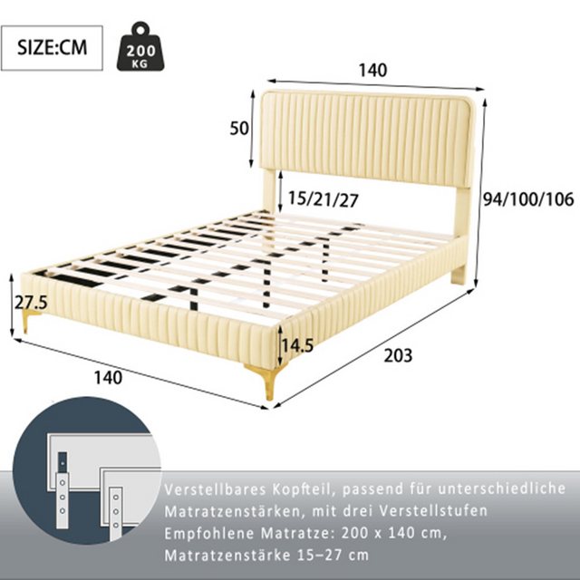 XDeer Bettgestell Polsterbett 140 x 200 cm, Doppelbett, Höhenverstellbares günstig online kaufen