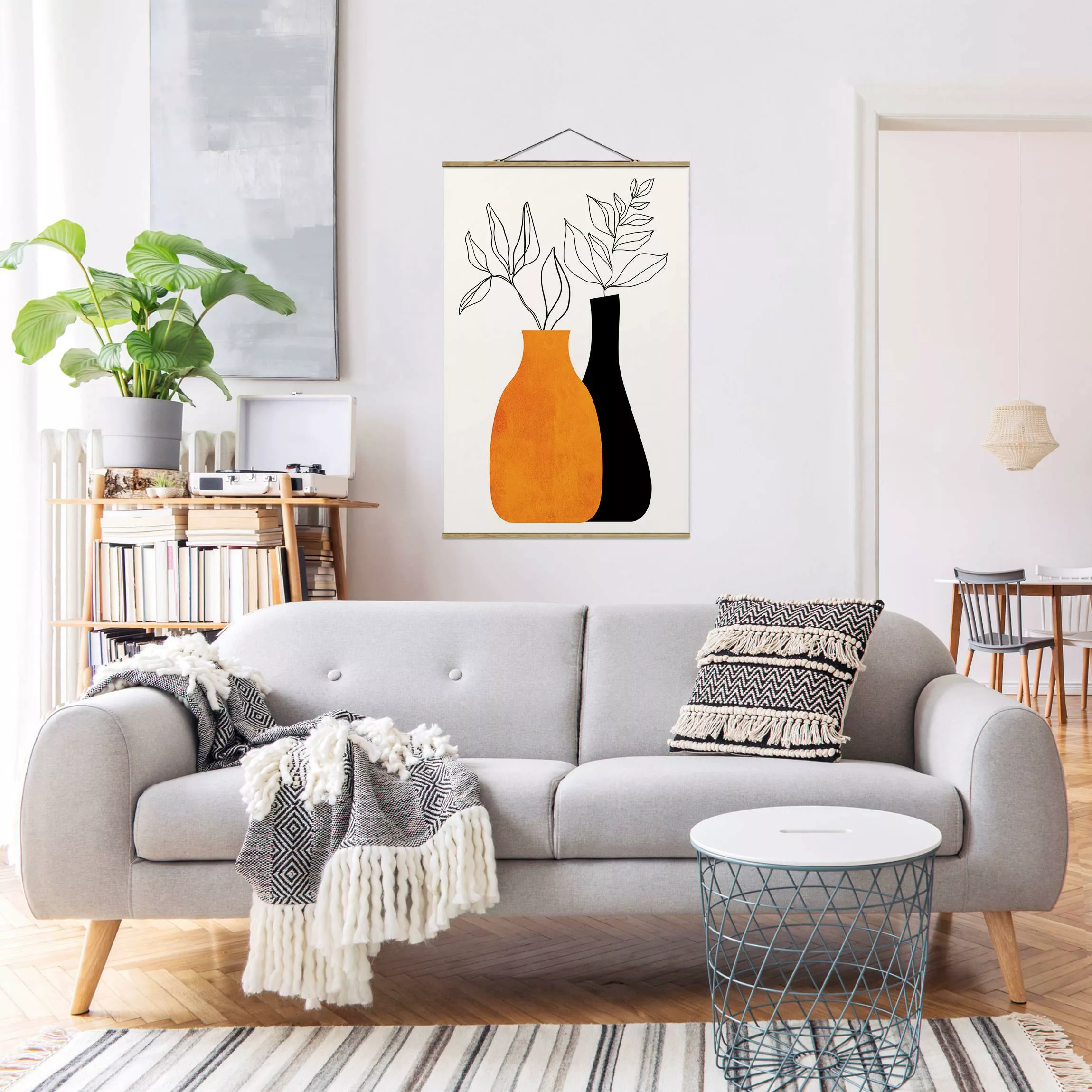 Stoffbild mit Posterleisten Vasen mit illustrierten Zweigen günstig online kaufen