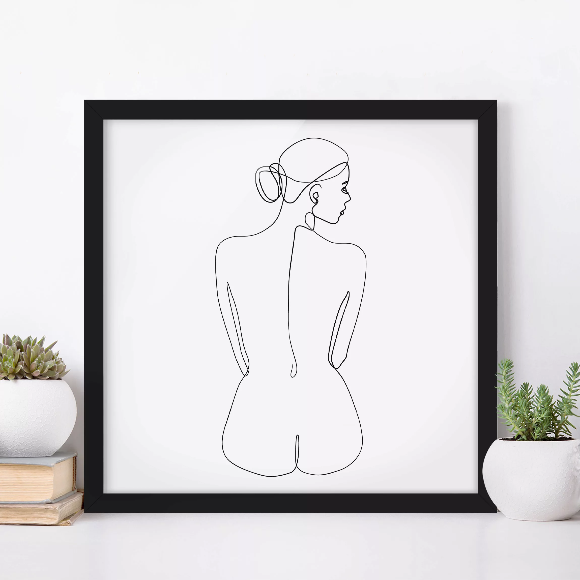 Bild mit Rahmen - Quadrat Line Art Akt Frau Rücken Schwarz Weiß günstig online kaufen