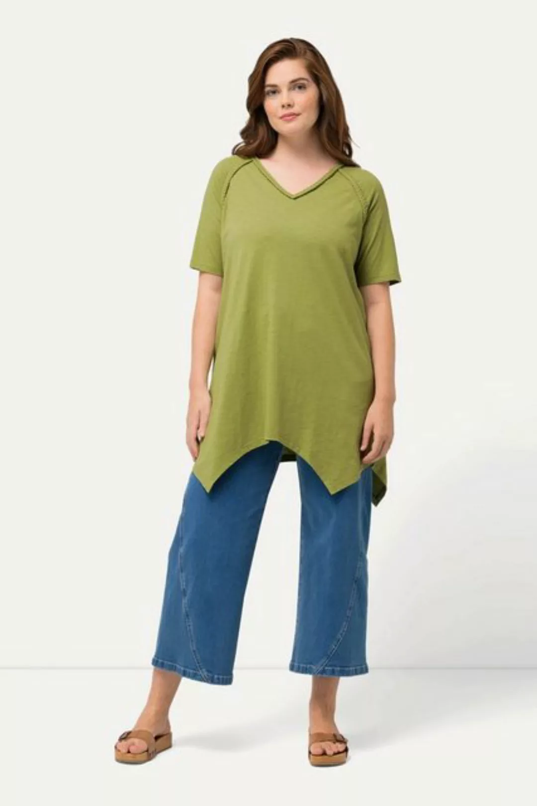Ulla Popken Longshirt T-Shirt Zipfelsaum V-Ausschnitt Halbarm günstig online kaufen