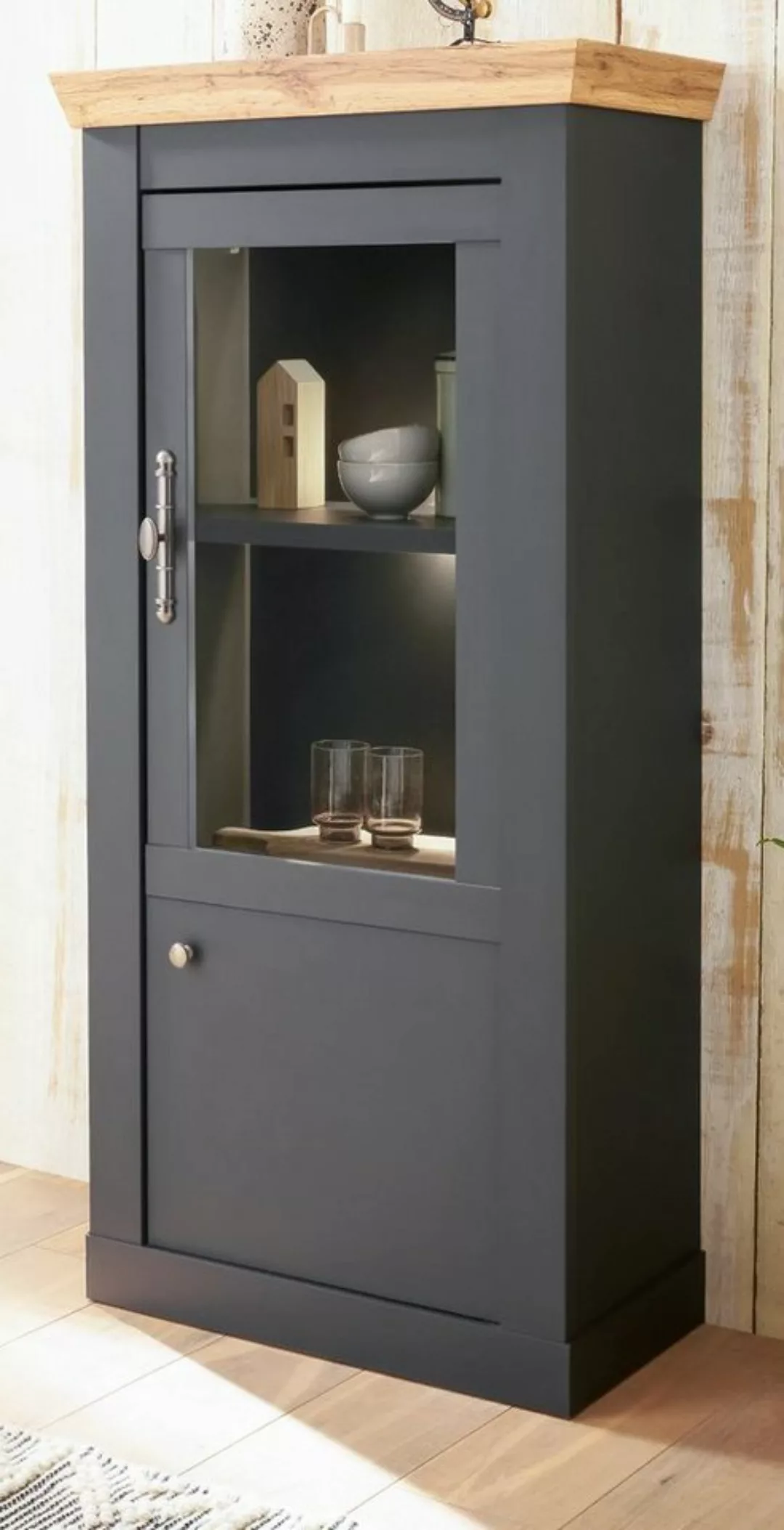 Furn.Design Standvitrine Ribera (Hochkommode in matt grau mit Wotan Eiche, günstig online kaufen
