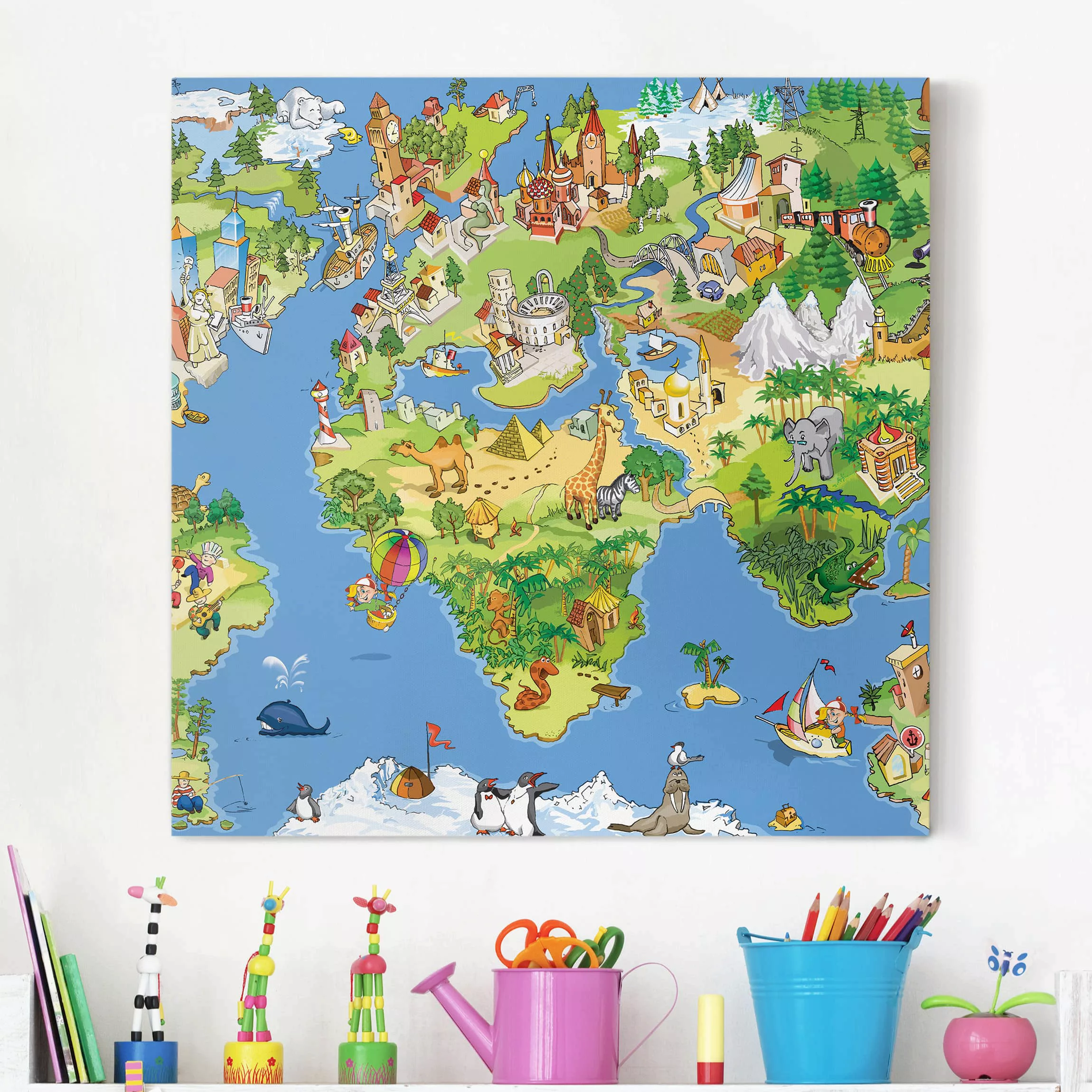 Leinwandbild Weltkarte - Quadrat Great And Funny Worldmap günstig online kaufen