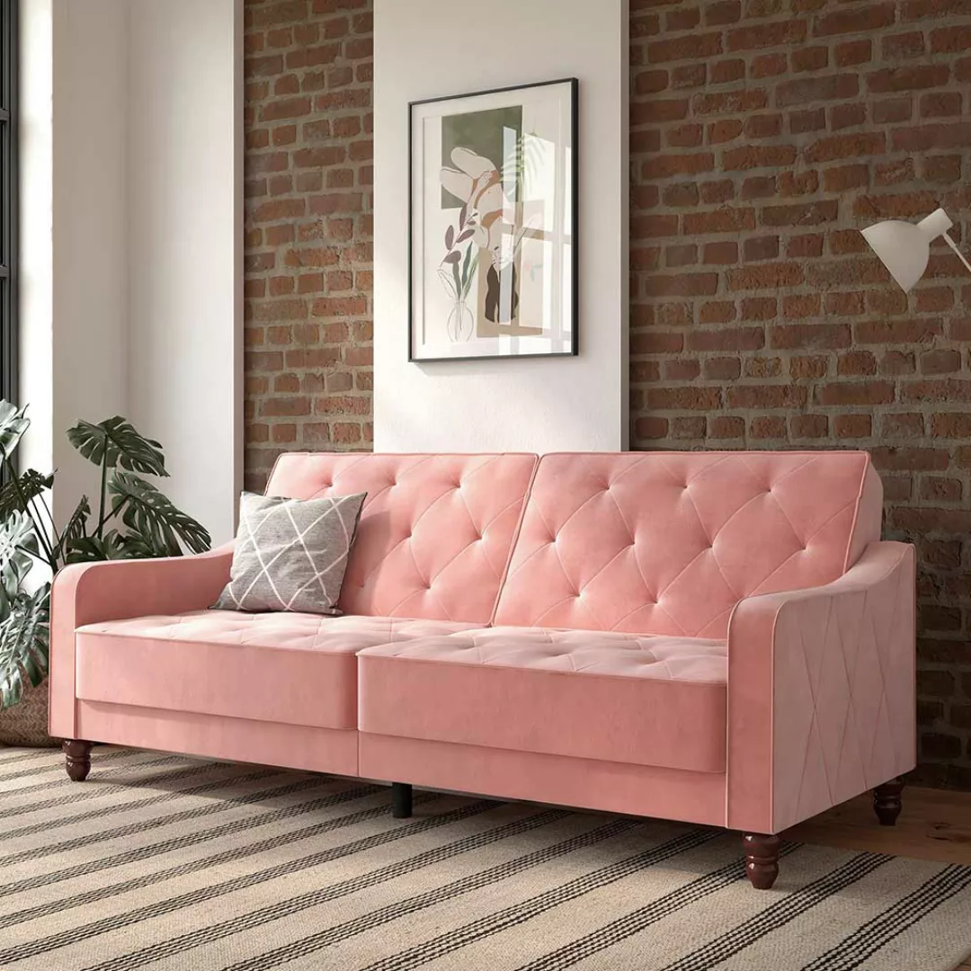 Zweisitzer Schlafsofa rosa aus Samt Rücken Klappmechanik günstig online kaufen