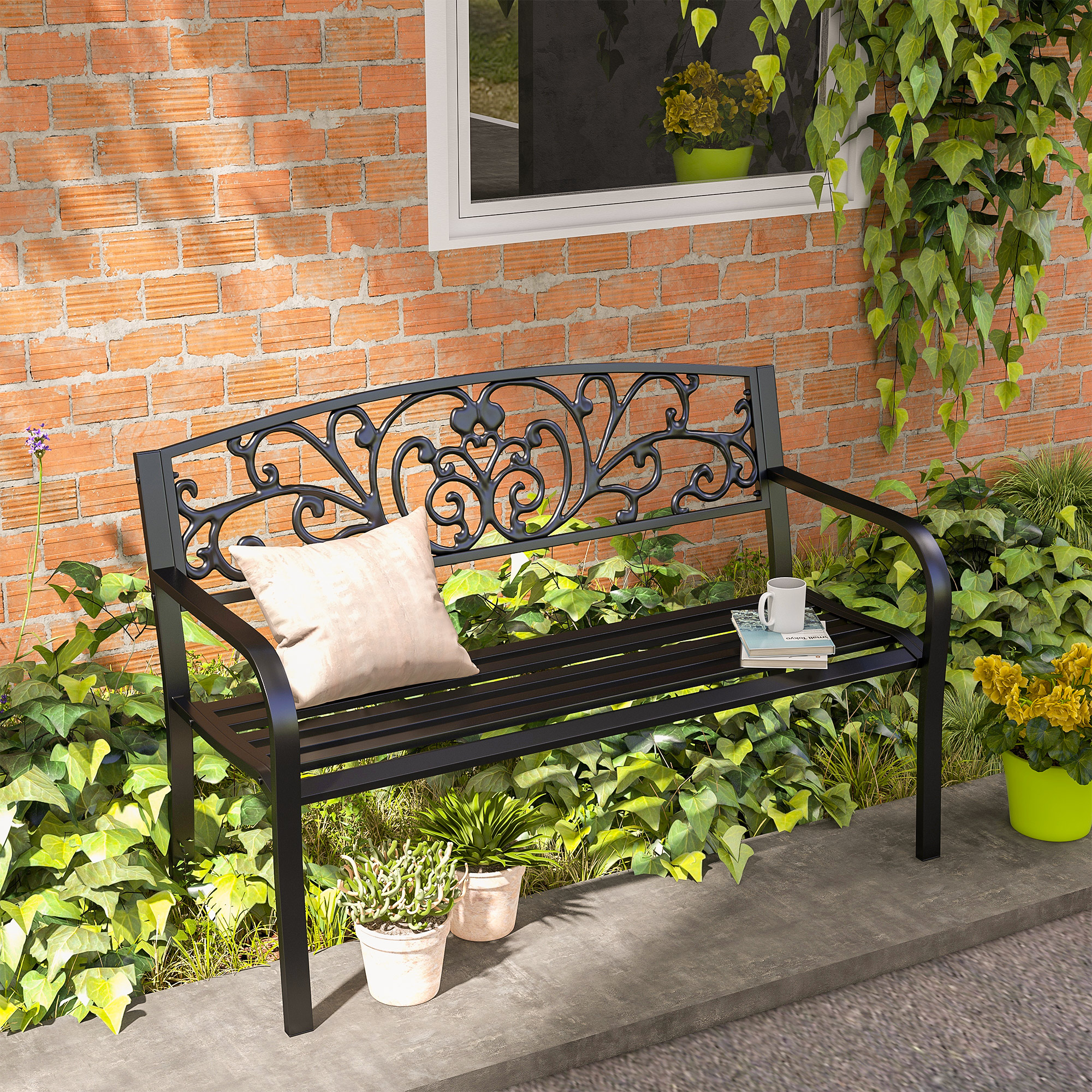 Outsunny Gartenbank Metall 2-Sitzer Parkbank mit Rückenlehne und Armlehne w günstig online kaufen