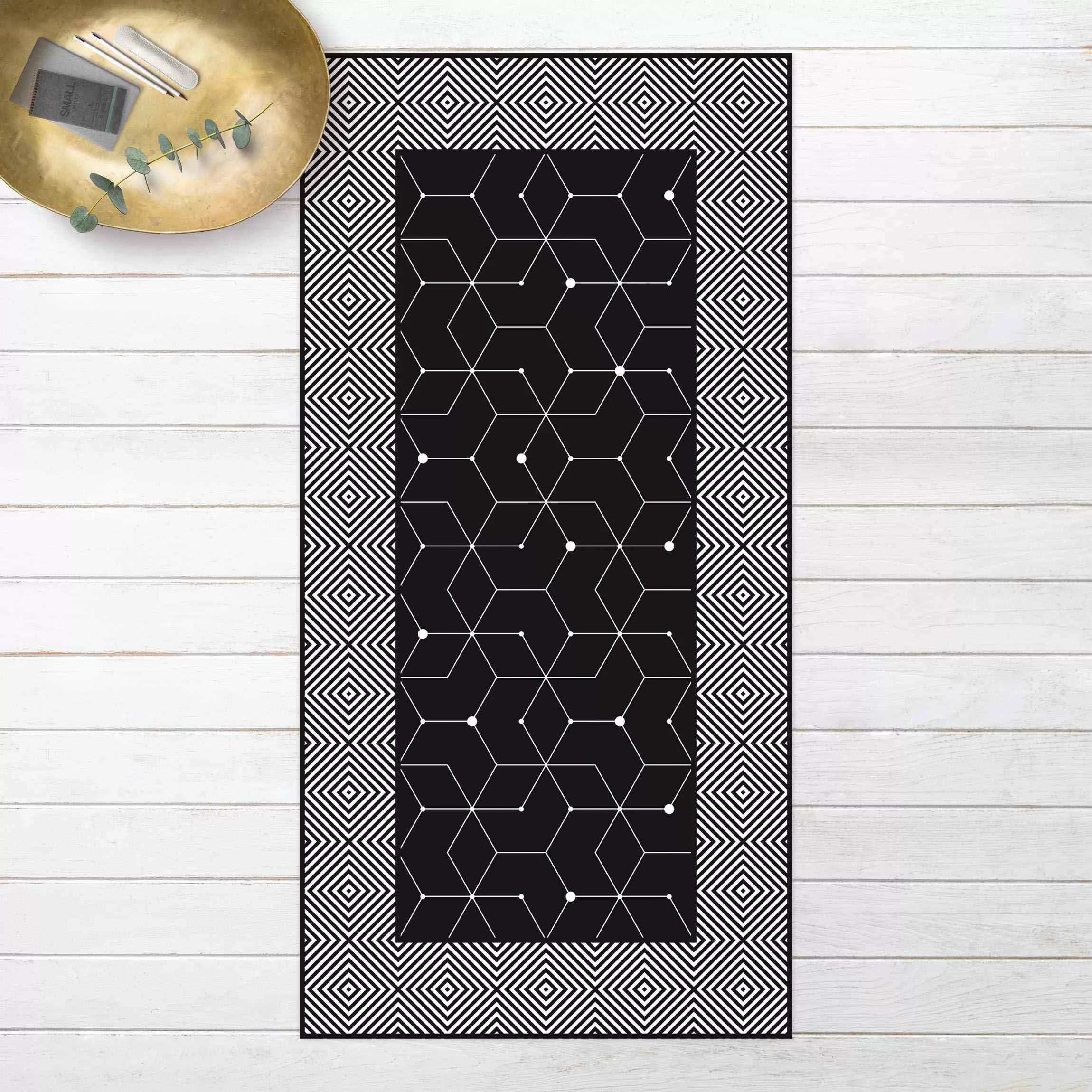 Vinyl-Teppich Geometrische Fliesen Punktlinien Schwarz mit Bordüre günstig online kaufen
