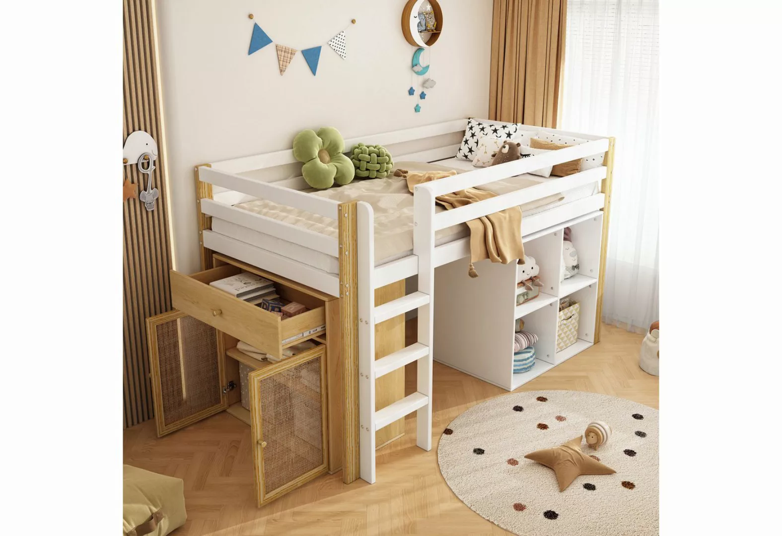 Flieks Hochbett Massivholz Kinderbett Etagenbett 90x200cm mit 2 Aufbewahrun günstig online kaufen