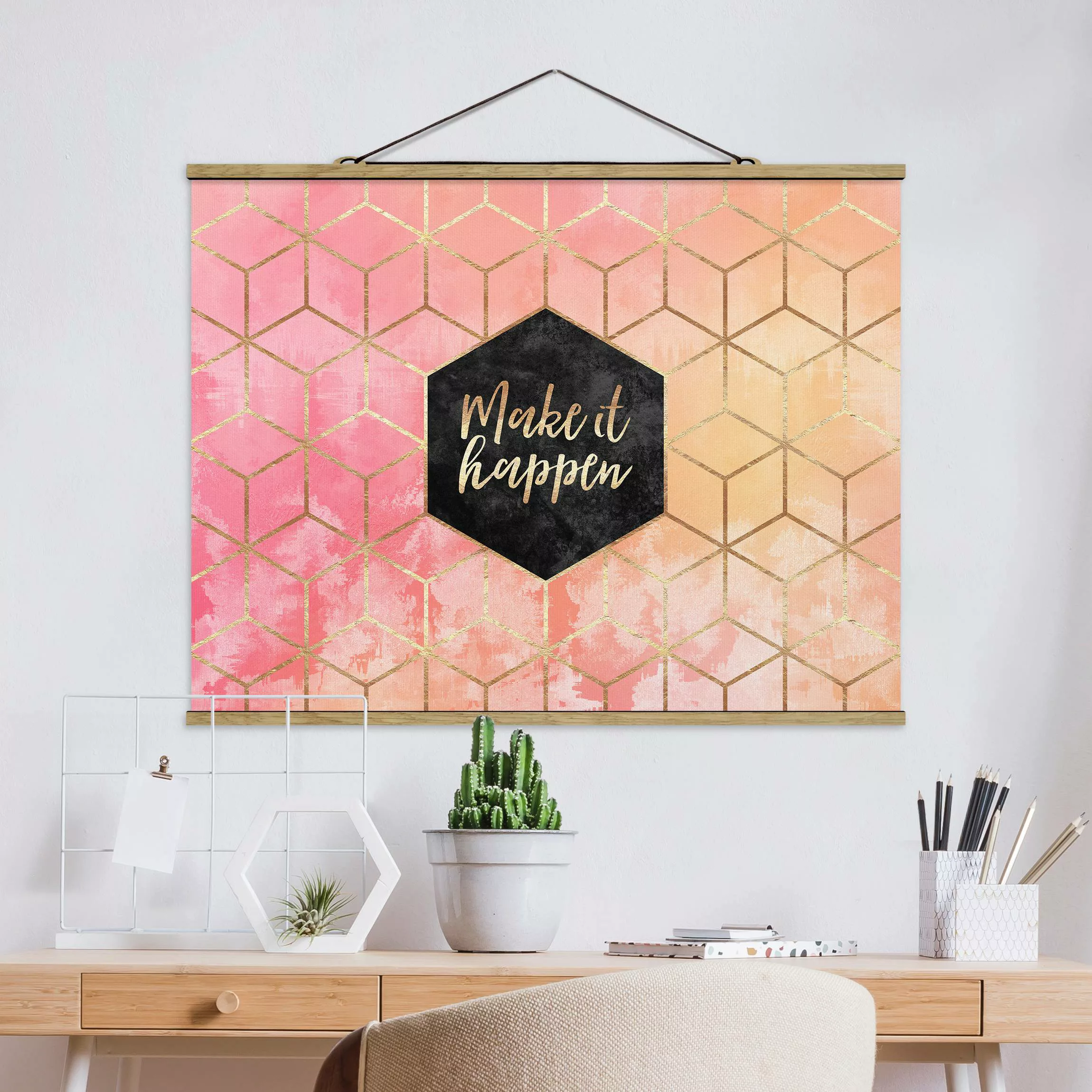 Stoffbild Spruch mit Posterleisten - Querformat Make It Happen Geometrie Pa günstig online kaufen