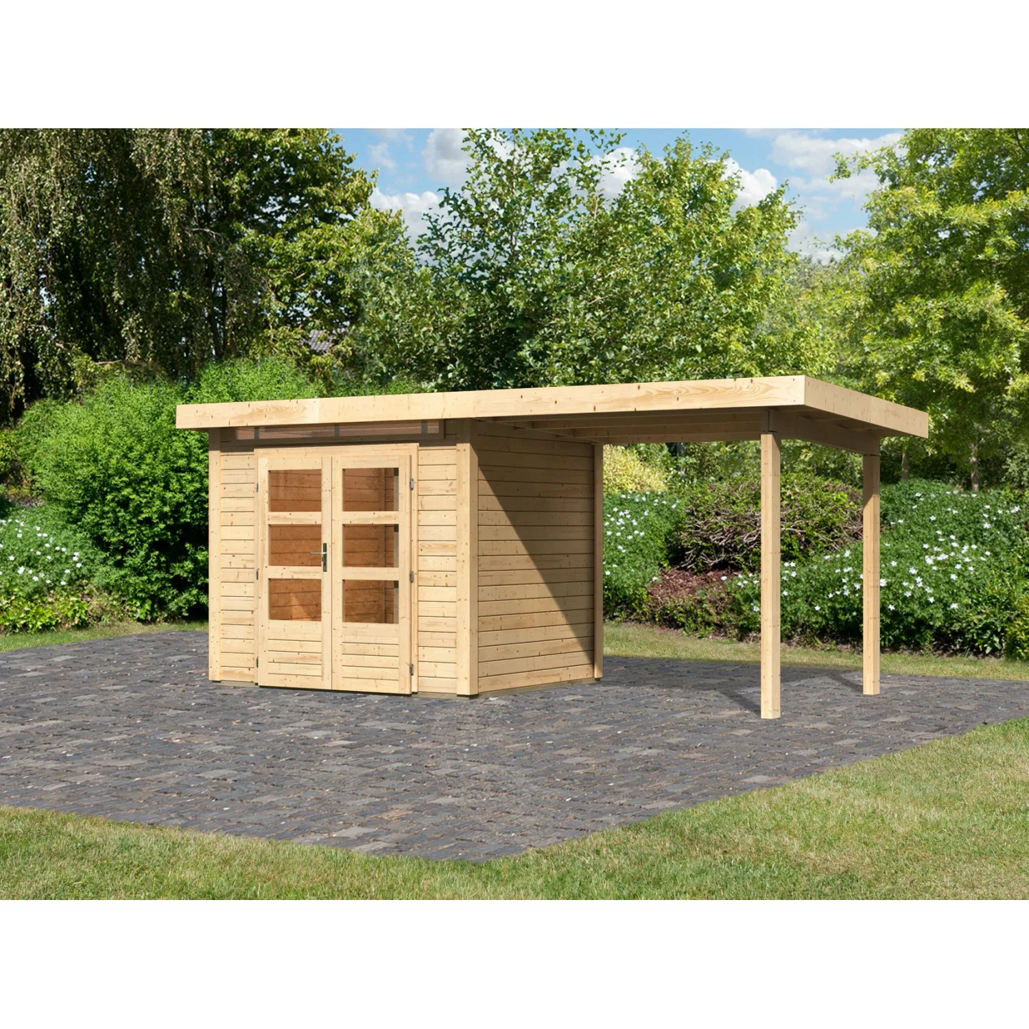 Karibu Gartenhaus/Gerätehaus Set Kumla 2 Naturbelassen mit Anbaudach 235 cm günstig online kaufen