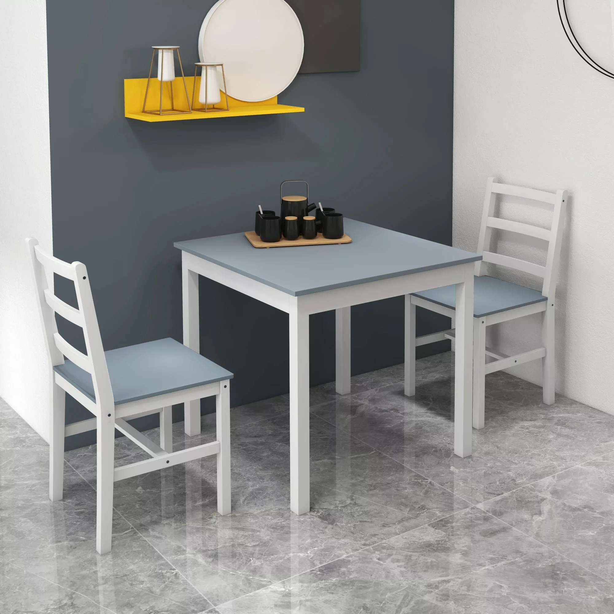 HOMCOM Essgruppe 3er-Set  Kompaktes Küchentisch-Set für 2, Grau+Weiß, Kiefe günstig online kaufen