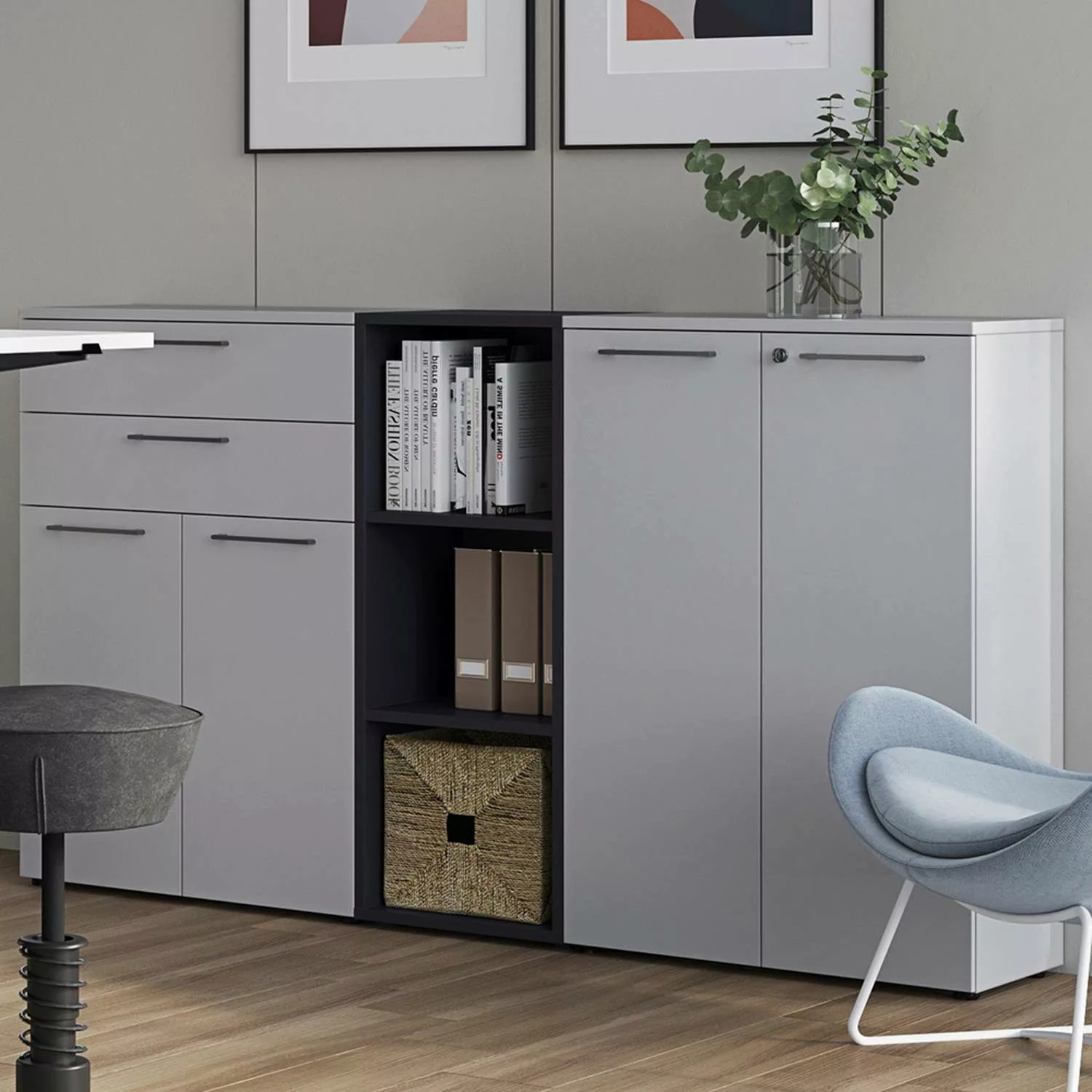 Arbeitszimmer Büroschrank Set AURAY-01 abschließbar in Lichtgrau/Graphit, B günstig online kaufen