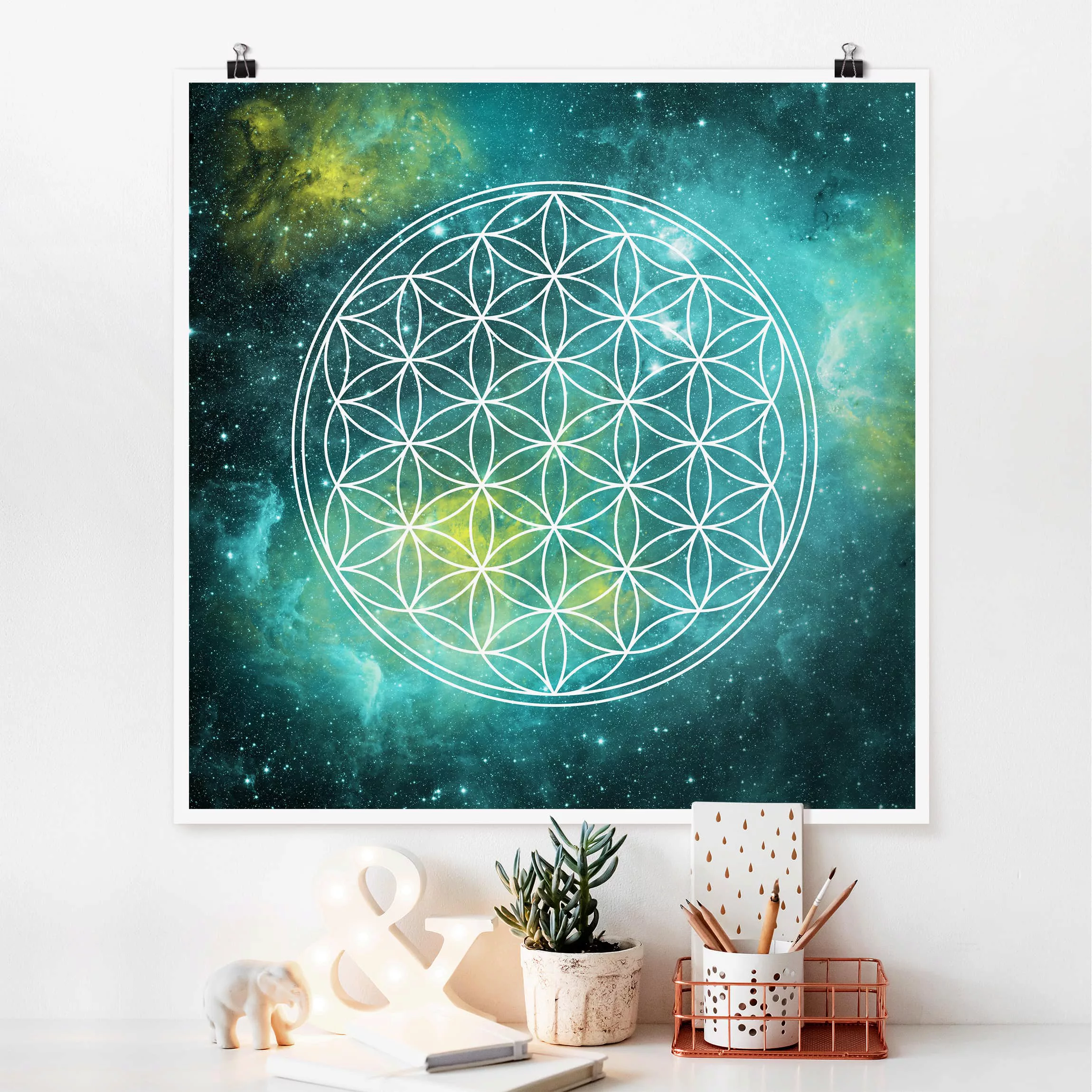 Poster Blumen - Quadrat Blume des Lebens im Licht der Sterne günstig online kaufen