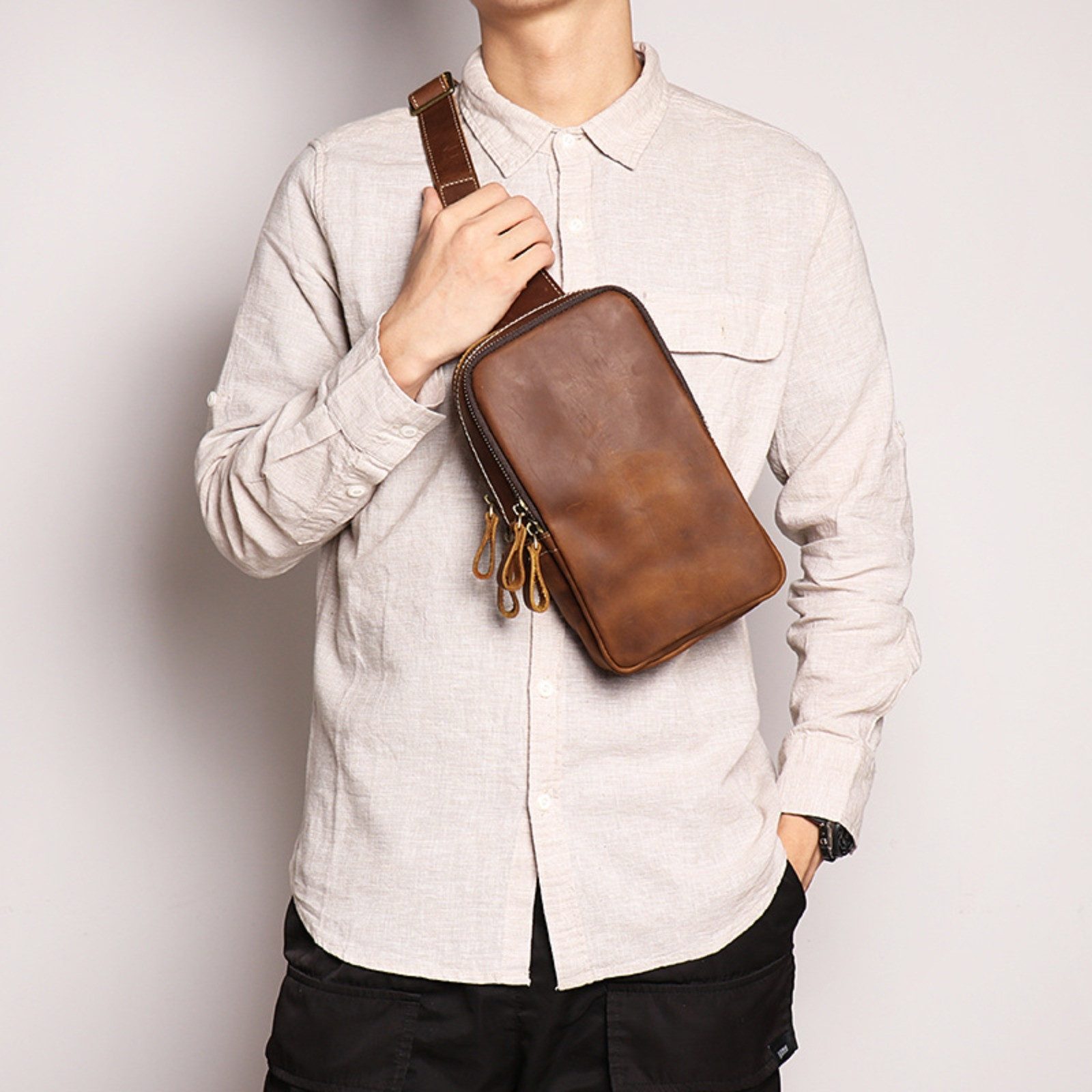 YUBRO-STUDIO Messenger Bag Herren Brusttasche Leder günstig online kaufen
