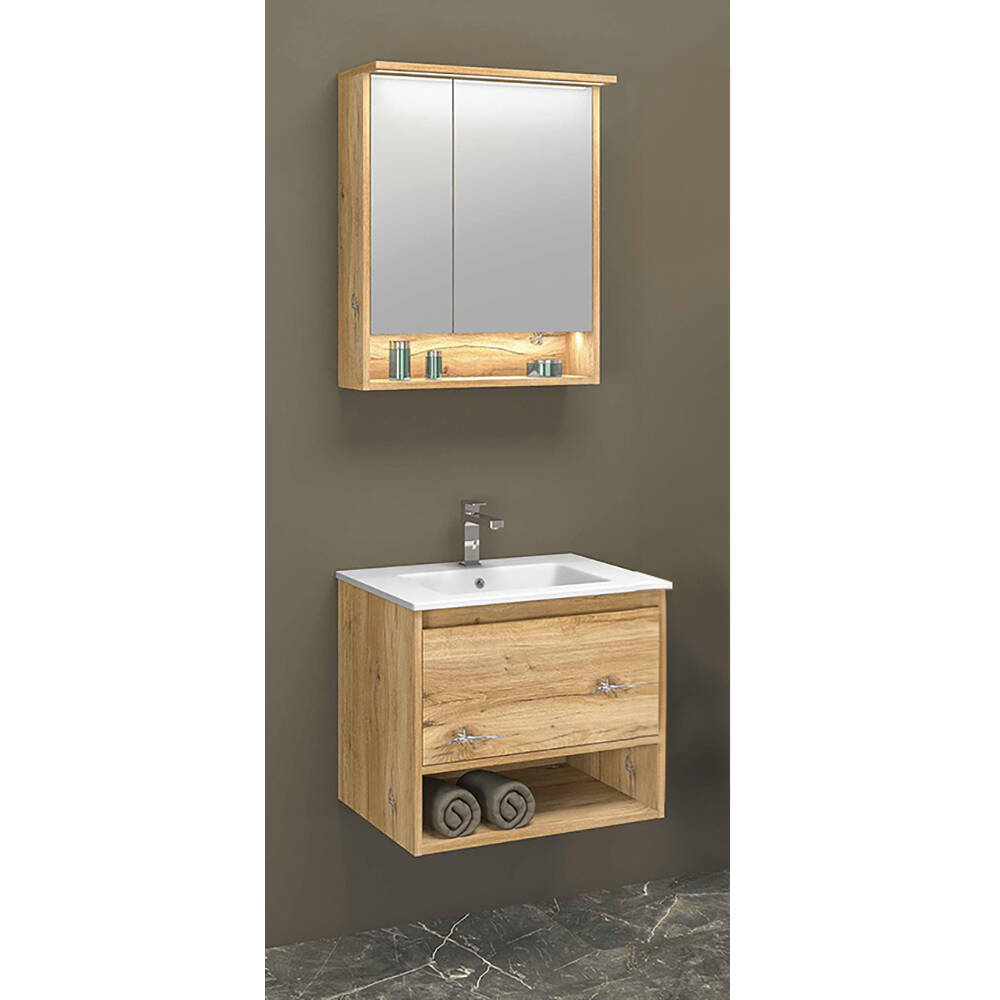 Waschplatz Set mit 60cm Waschtisch und Spiegelschrank Eiche MILAZZO-147 günstig online kaufen