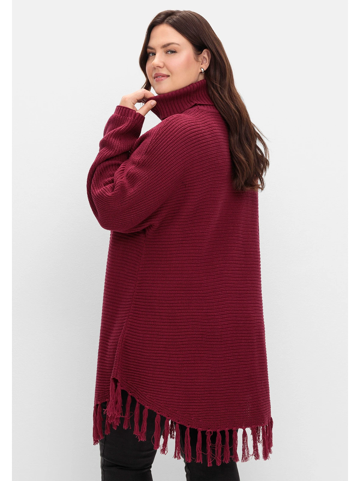 Sheego Strickpullover "Große Größen", in weiter Ponchoform mit Fransensaum günstig online kaufen