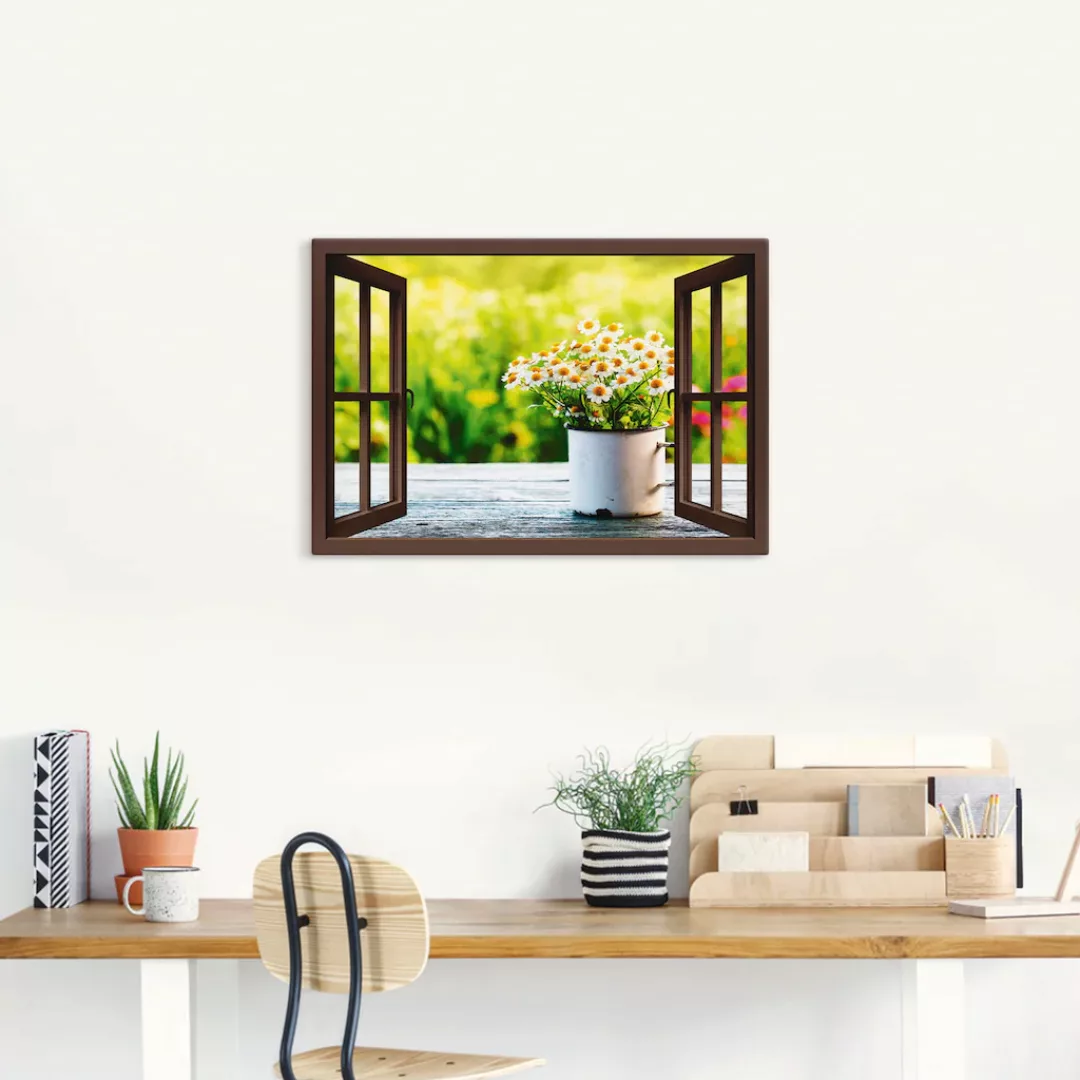 Artland Wandbild "Fensterblick Garten mit Gänseblümchen", Blumen, (1 St.) günstig online kaufen