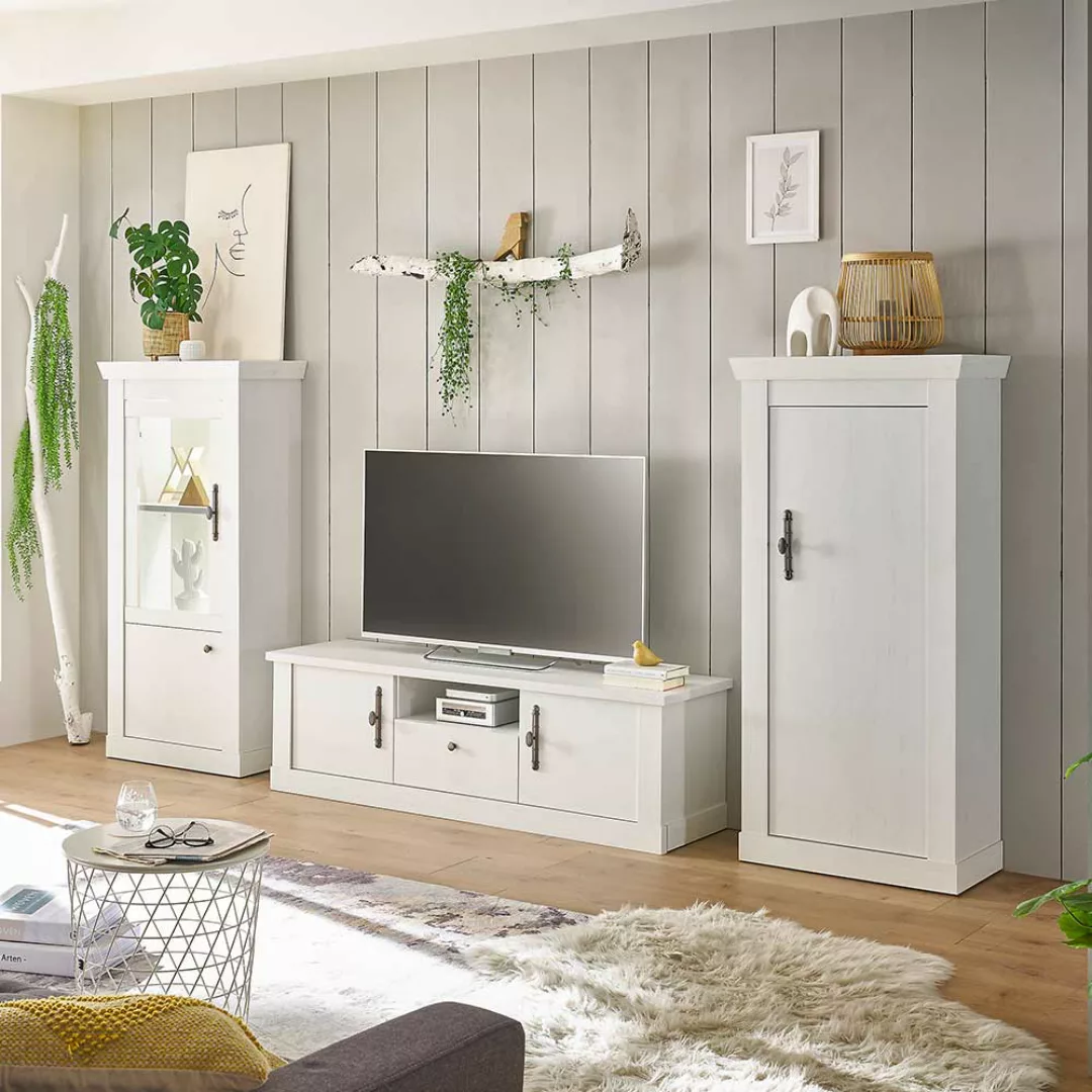 Schrankwand Wohnzimmer TV Wohnwand in Pinie weiß im Skandi Design (dreiteil günstig online kaufen