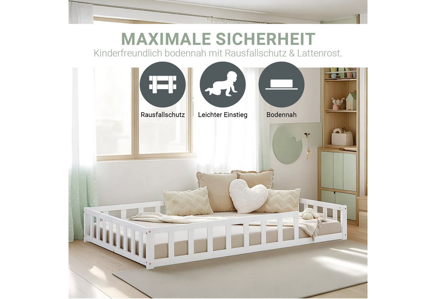 Homestyle4u Kinderbett 90x200 / 120x200 Weiß Natur Holzbett Bodenbett Monte günstig online kaufen