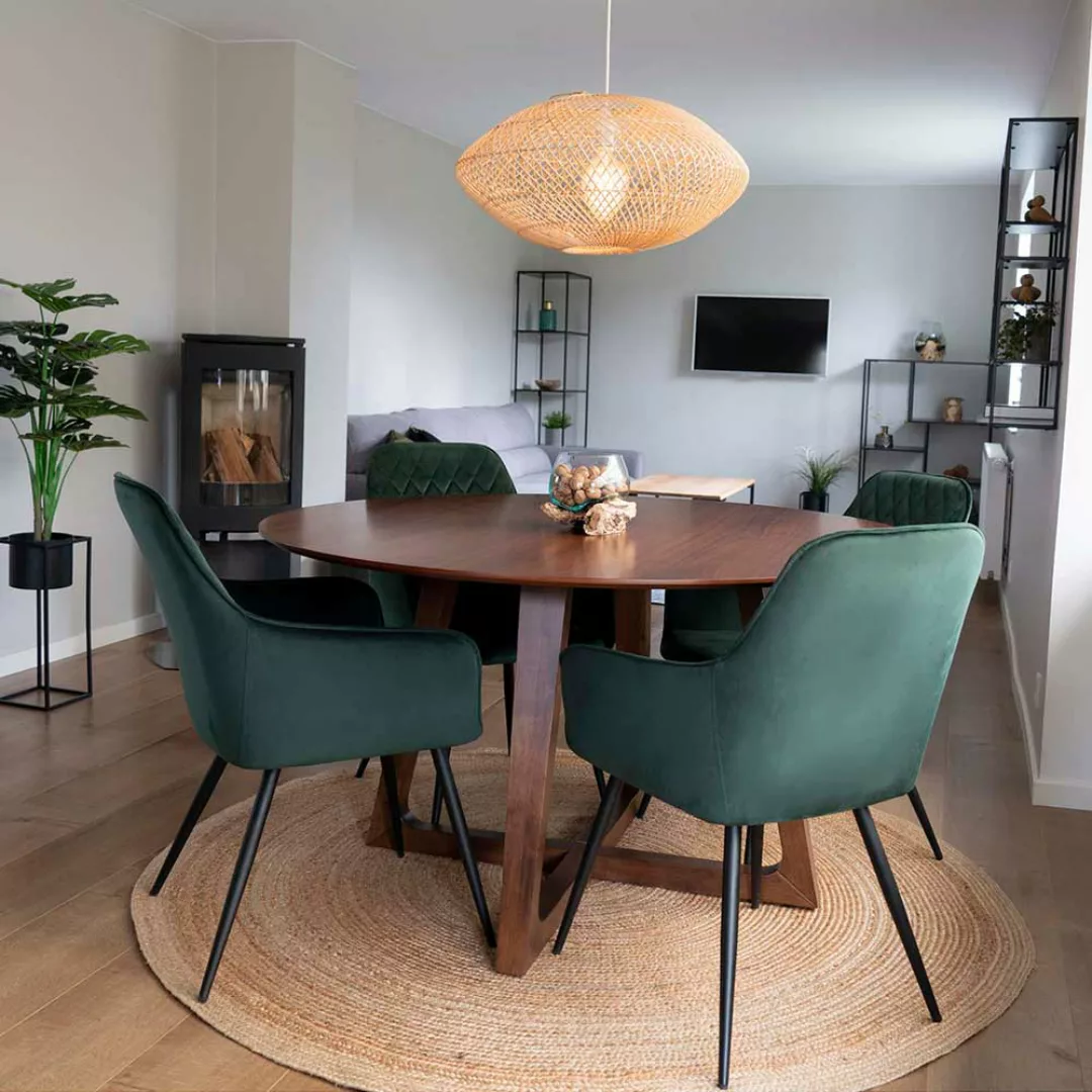 Esszimmergarnitur mit rundem Tisch in Walnussfarben Stühlen in Dunkelgrün ( günstig online kaufen