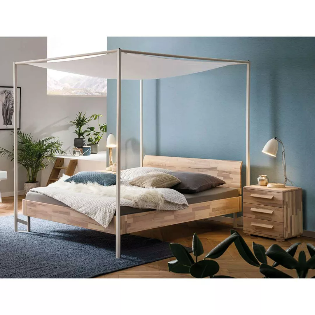 Himmelbett mit Baldachin 140x200 aus Kernesche Massivholz Metall günstig online kaufen