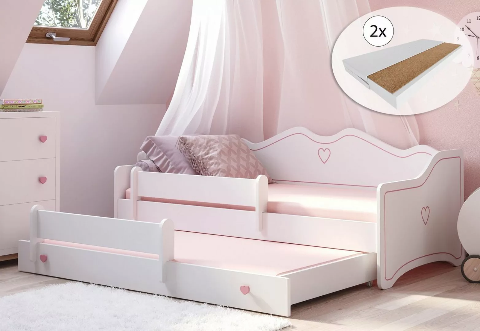 Kids Collective Kinderbett Mädchenbett 80x160 mit Ausziehbett & zwei Matrat günstig online kaufen