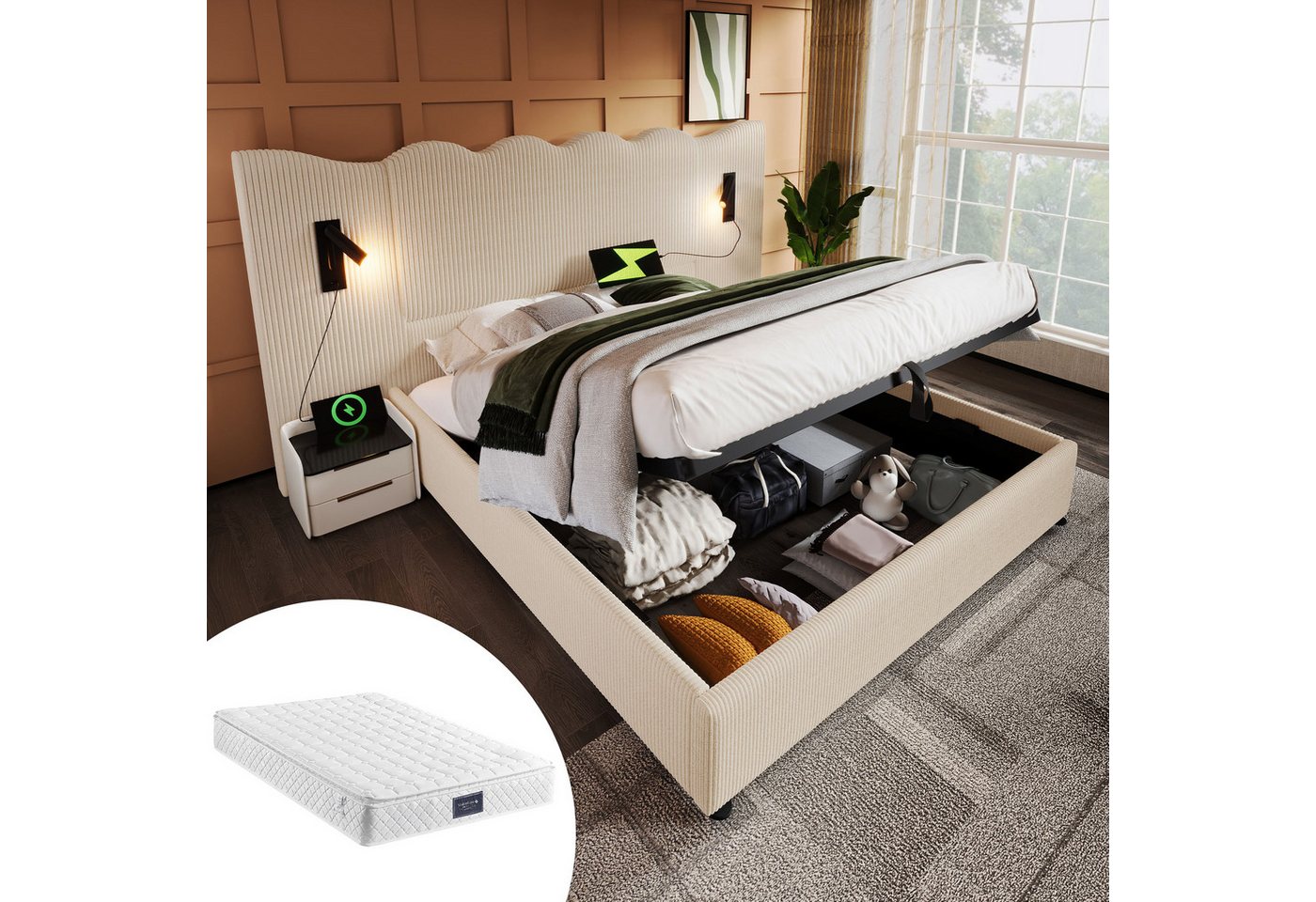 Rutaqian Polsterbett Polsterbett 160×200cm mit Leselampe und USB Type-C Lad günstig online kaufen