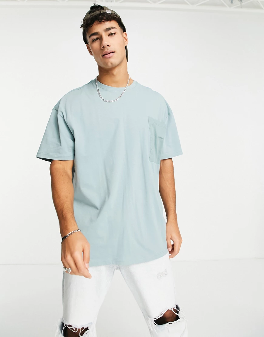 Threadbare – Oversize-T-Shirt in Rauchblau mit übergroßen Taschen günstig online kaufen