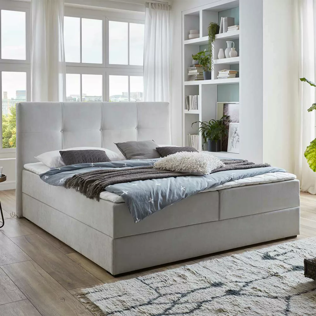 Boxspring Bett in Hellgrau Webstoff Bettkasten günstig online kaufen