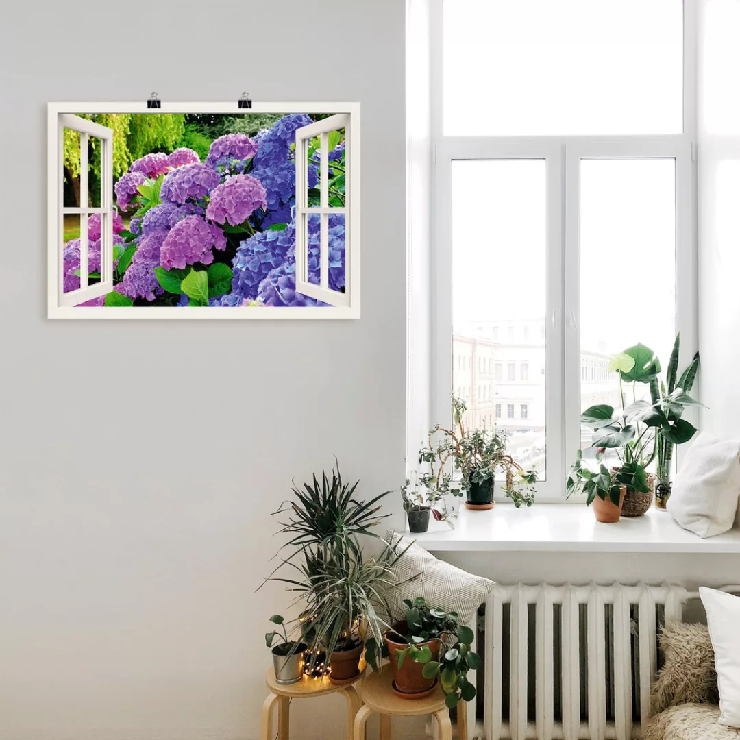 Artland Wandbild "Fensterblick Hortensien im Garten", Blumen, (1 St.), als günstig online kaufen