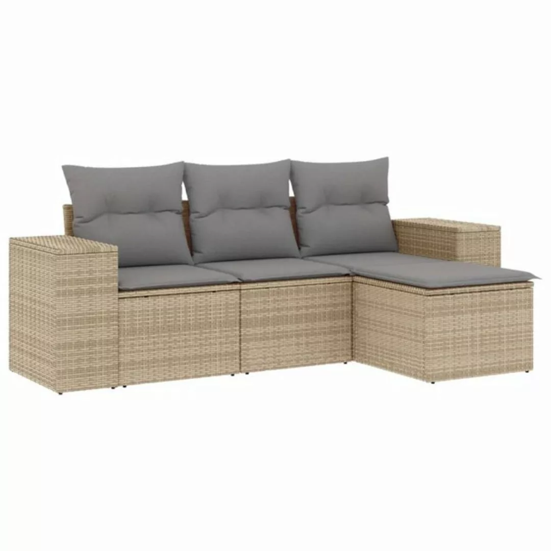 vidaXL Sofaelement 4-tlg. Garten-Sofagarnitur mit Kissen Beige Poly Rattan günstig online kaufen